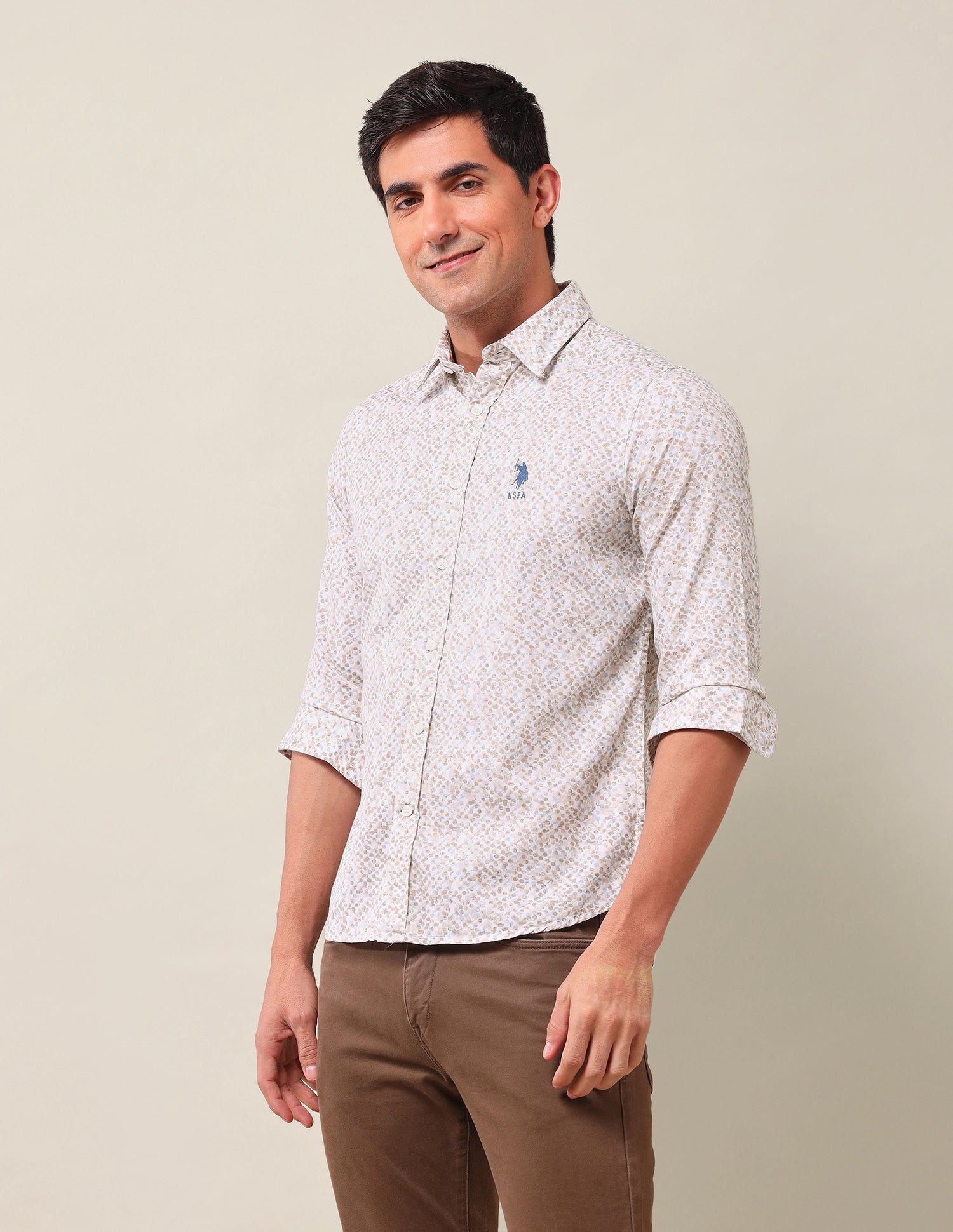 Tailored Fit Geometric Printed Shirt Beige - U.S. Polo Assn. India | Large