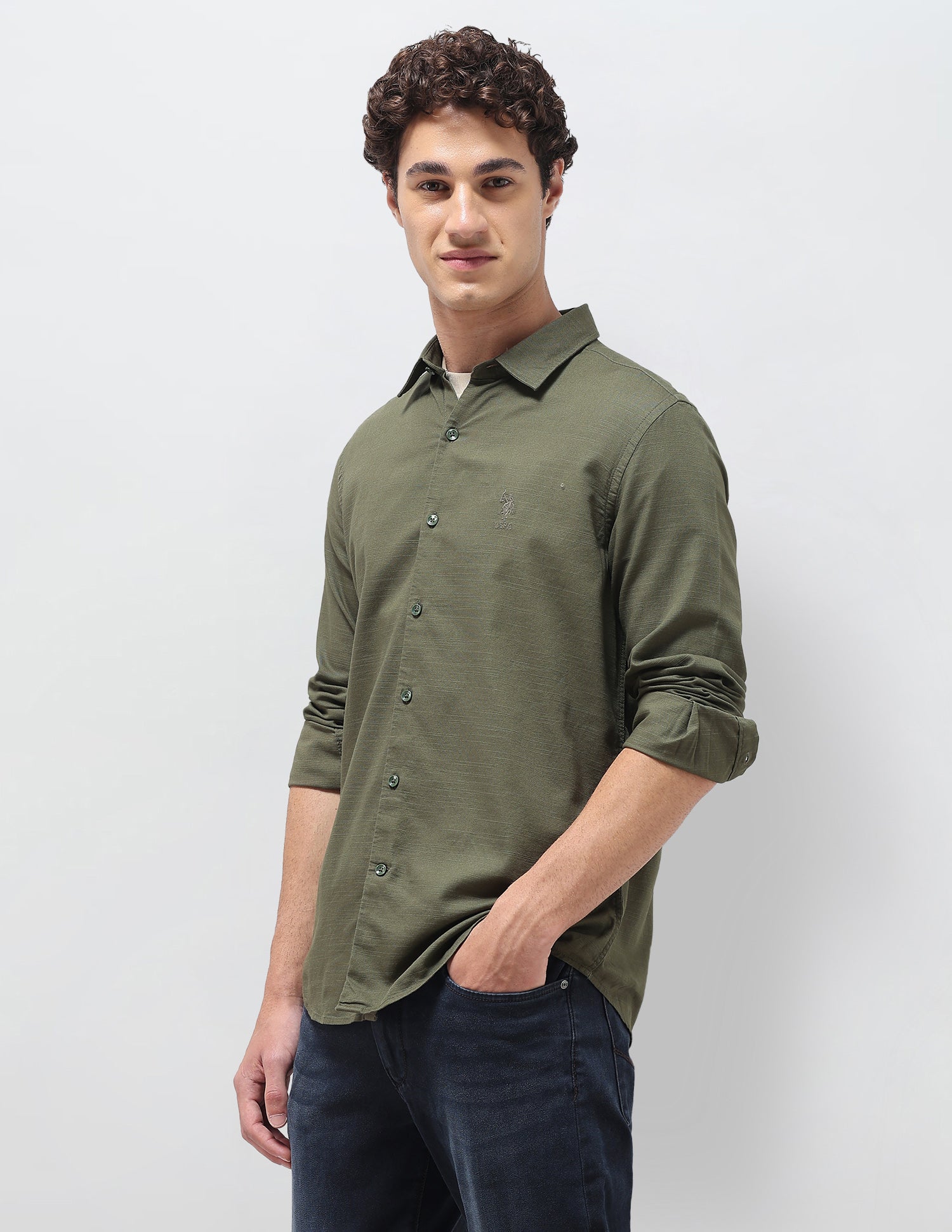Textured Regular Fit Shirt Olive - U.S. Polo Assn. India | Large