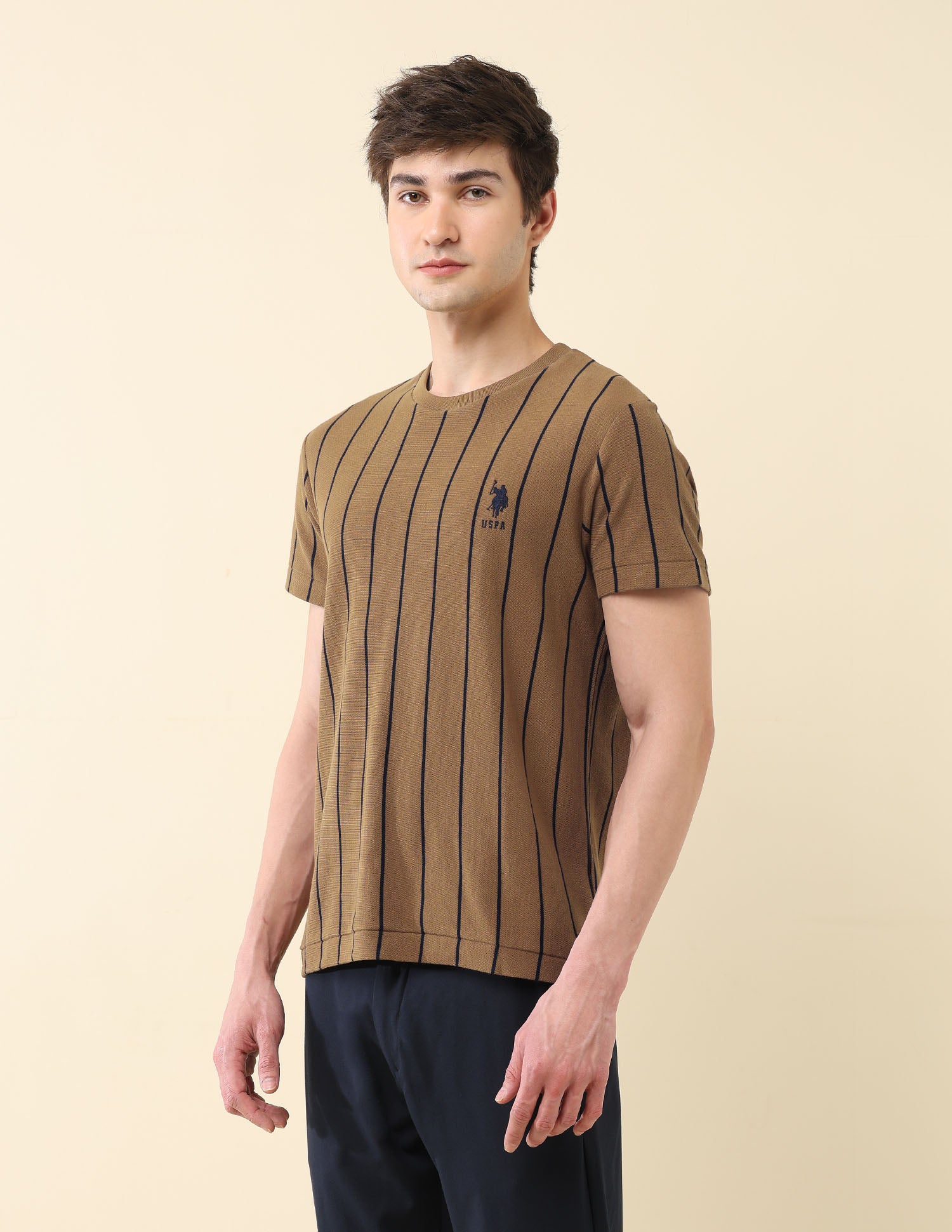 Vertical Striped Pure Cotton Gold Cup T-Shirt Brown - U.S. Polo Assn. India | Large