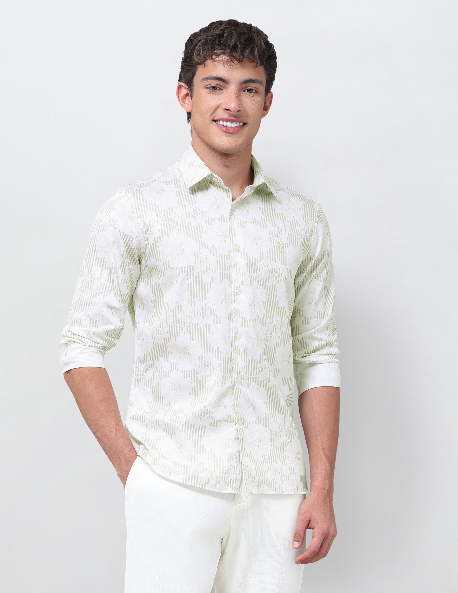 Vertical Striped With Floral Printed Satin Shirt Beige - U.S. Polo Assn. India | Large