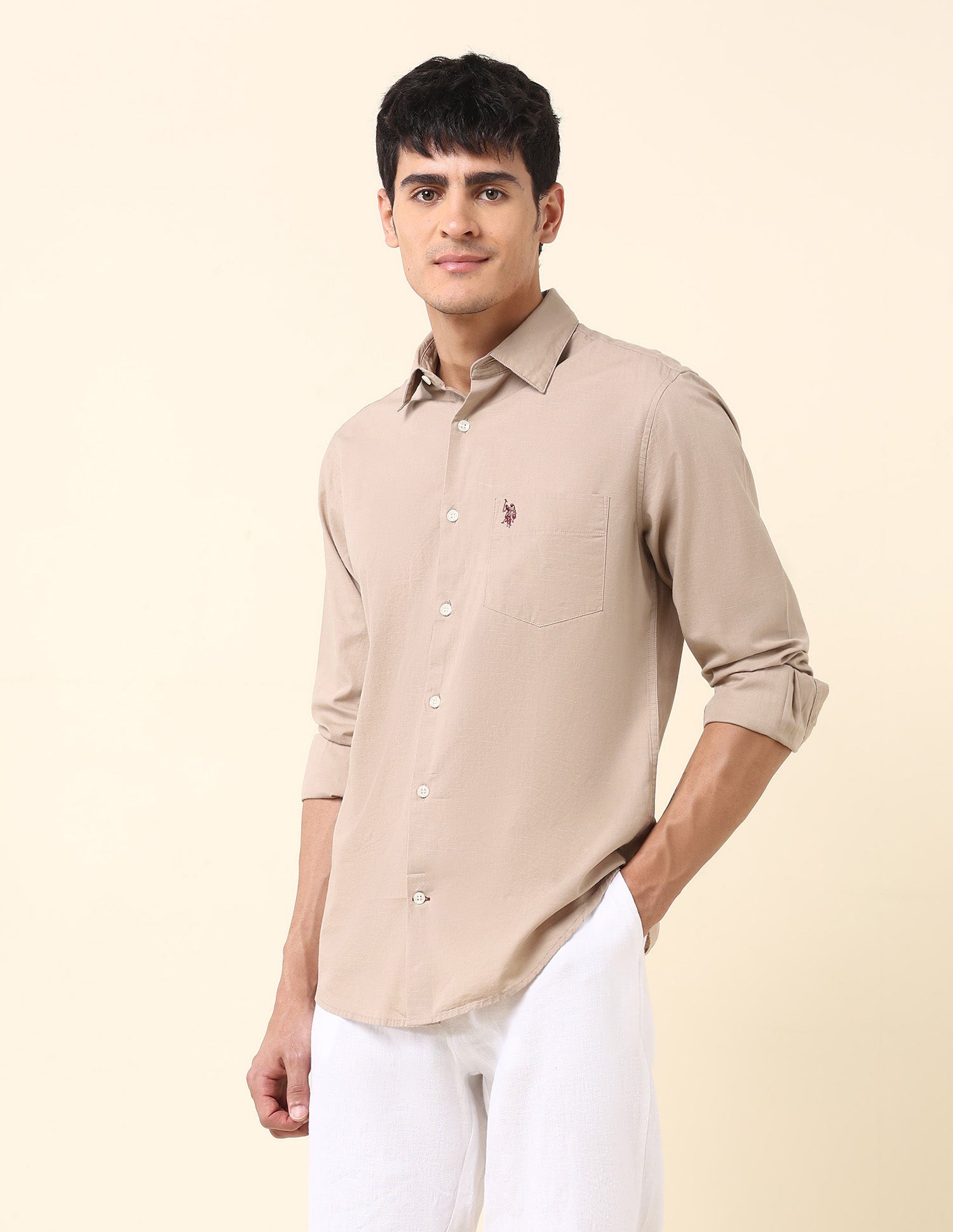 Solid Twill Tailored Fit Shirt Light Khaki - U.S. Polo Assn. India | Large