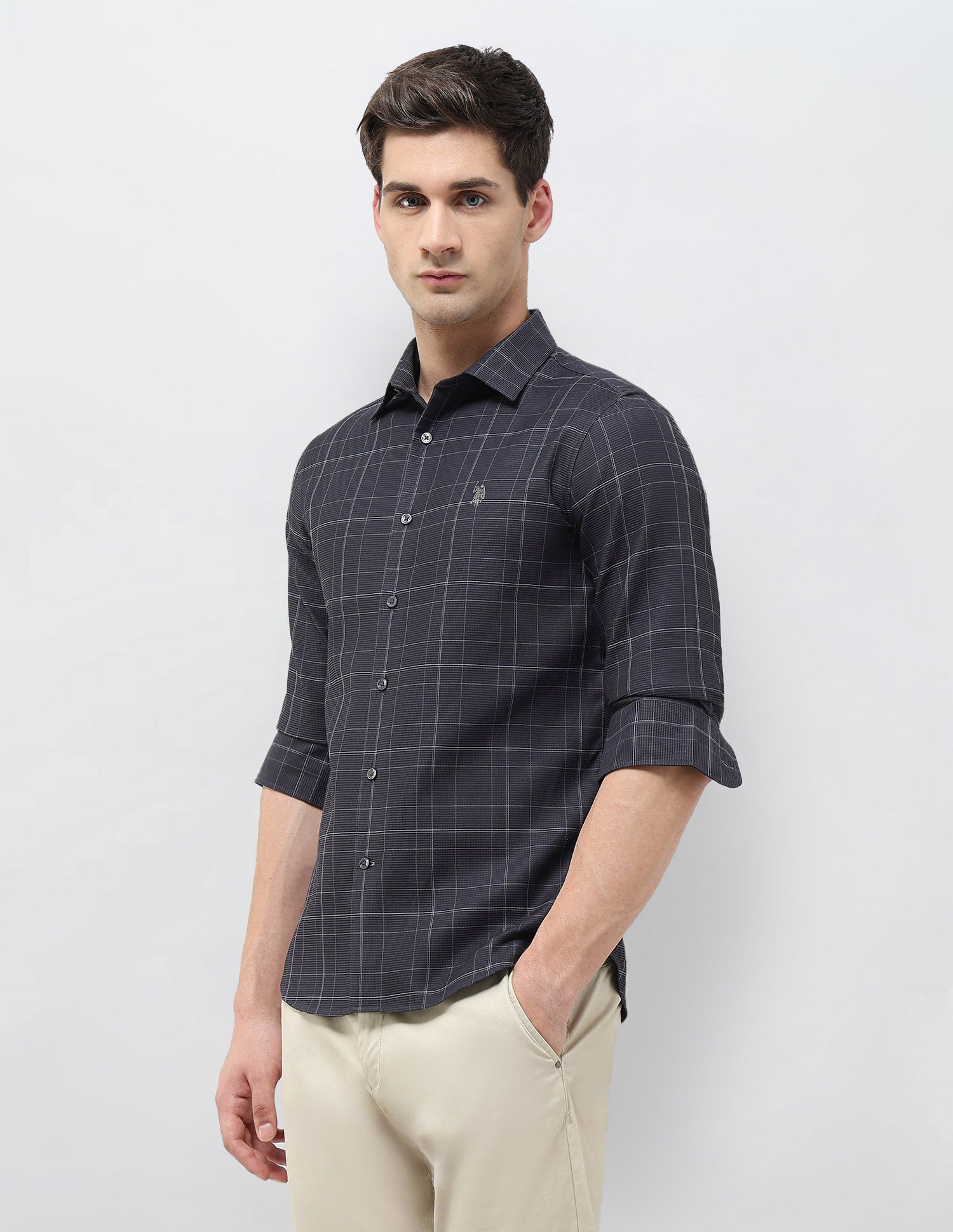 Regular Fit Textured With Grid Checked Shirt Grey - U.S. POLO ASSN. | Large
