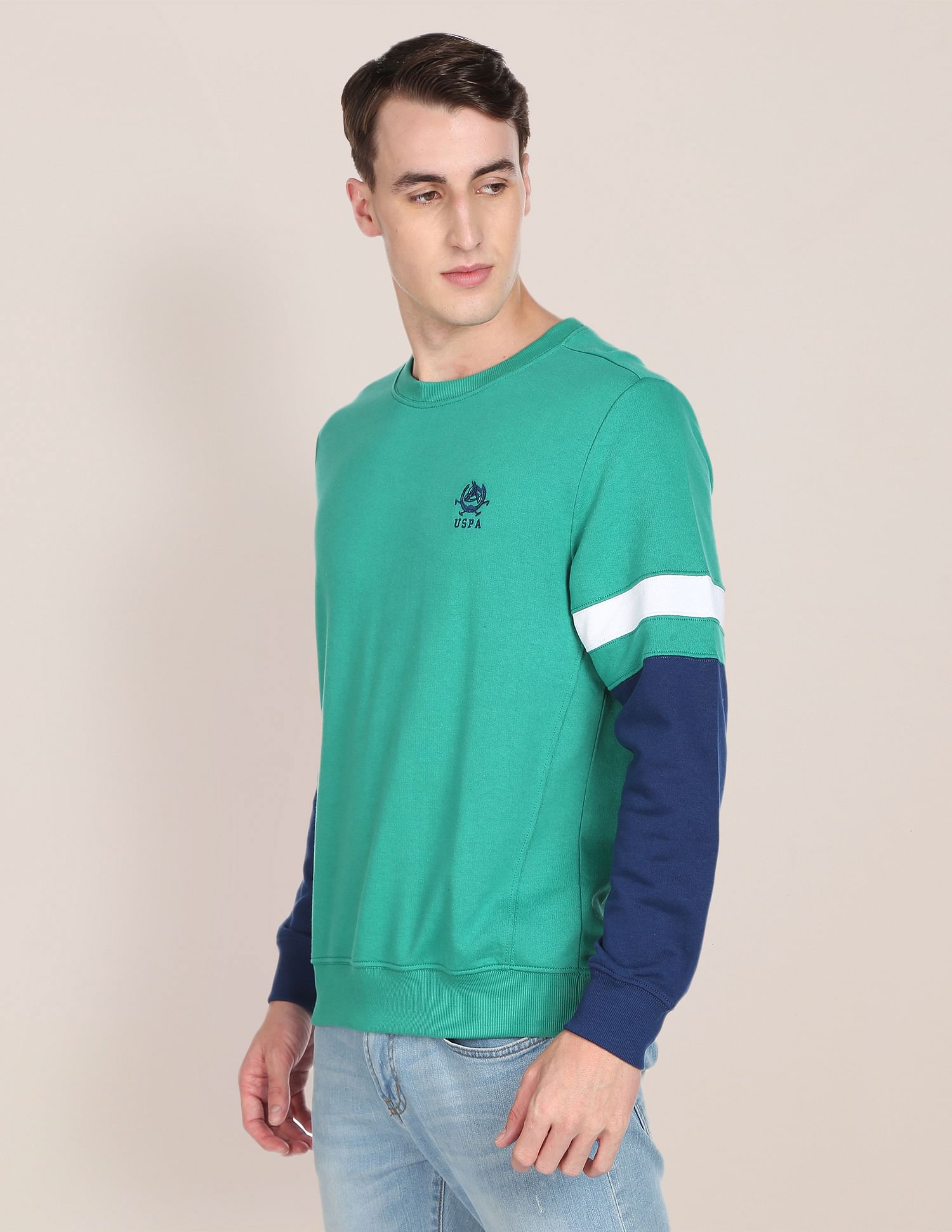 Colour Block Crew Neck Sweatshirt Teal - U.S. Polo Assn. India | Large