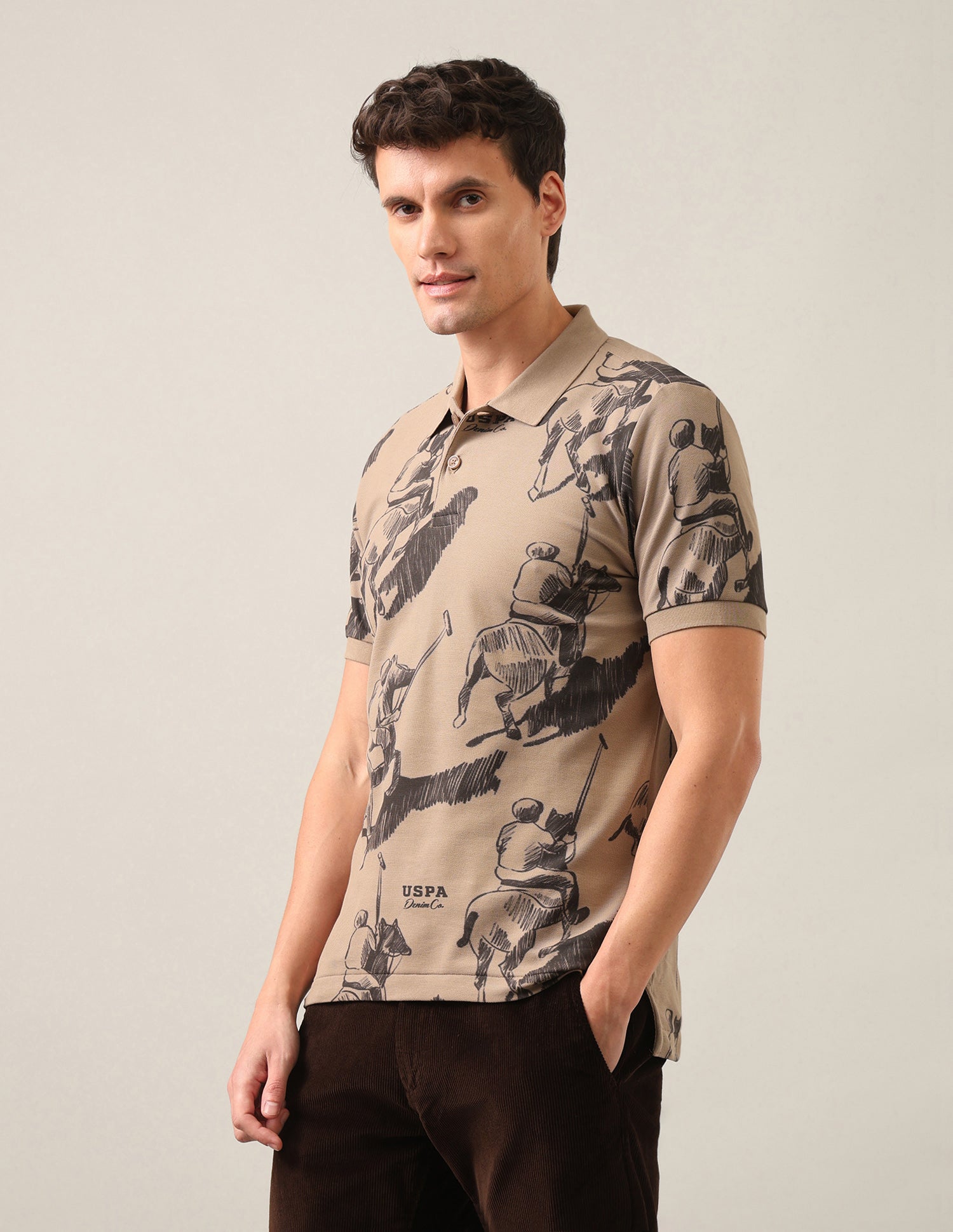 Graphic Brand Printed Slim Fit Polo Shirt Brown - U.S. Polo Assn. India | Large