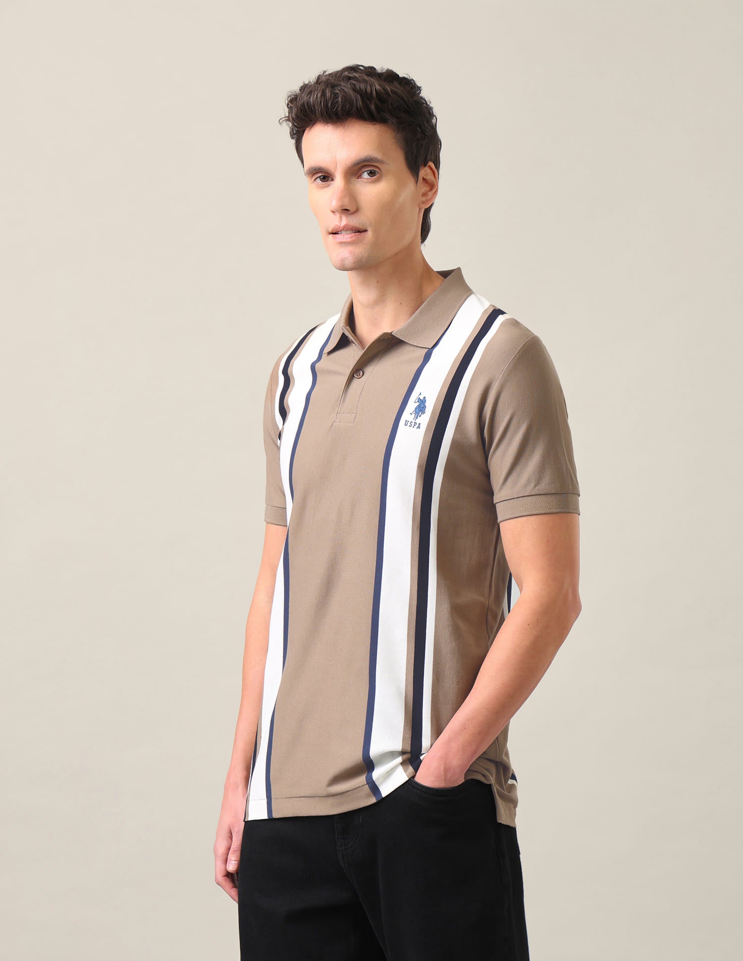 Vertical Striped Slim Fit Polo Shirt Light Brown - U.S. Polo Assn. India | Large