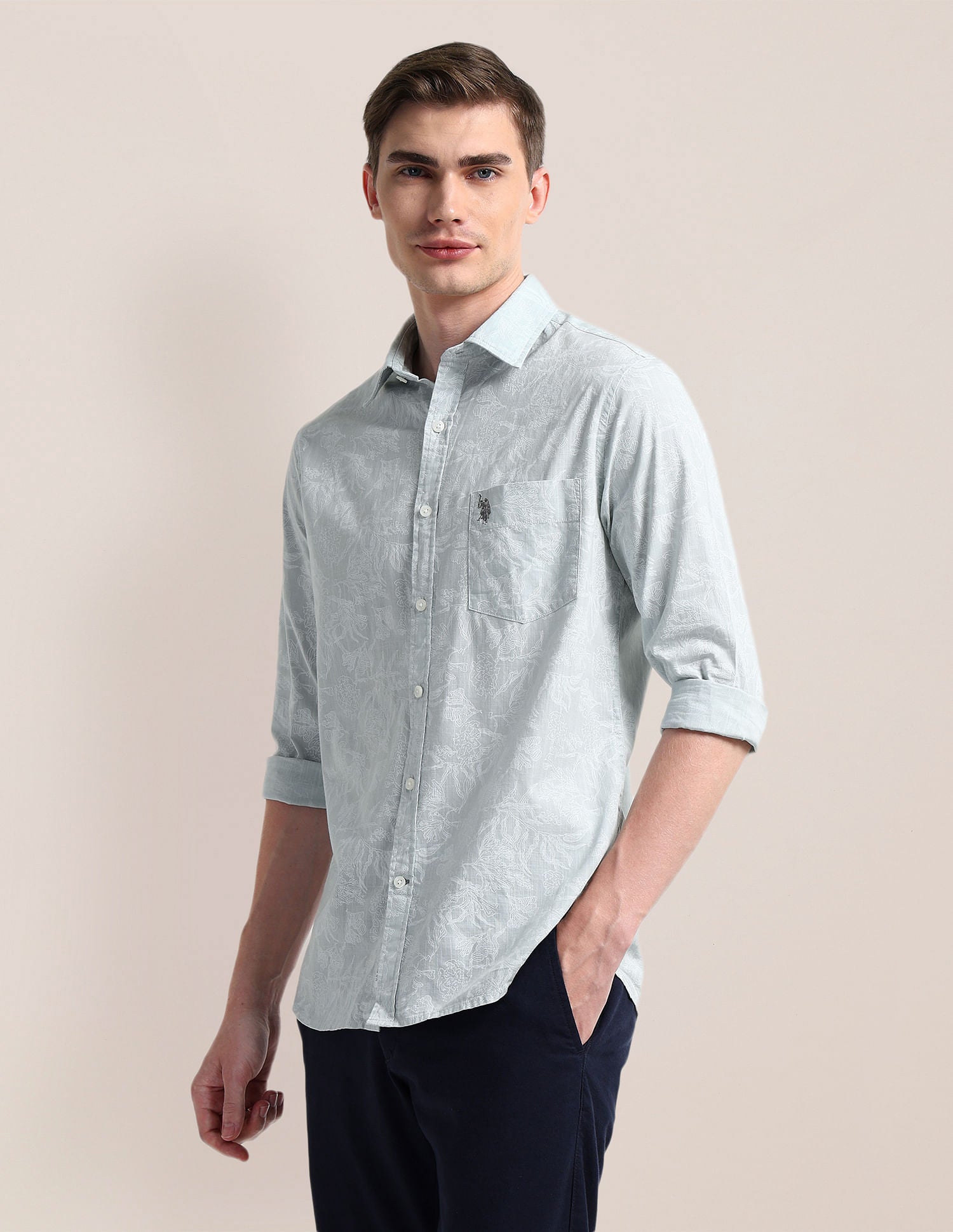 Cutaway Collar Premium Cotton Shirt Blue - U.S. Polo Assn. India | Large