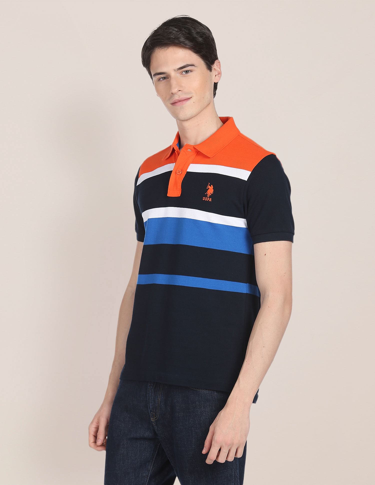 ◇SATUR◇ Striped Pique Polo Long Sleeve Navy SA243MLS05NV