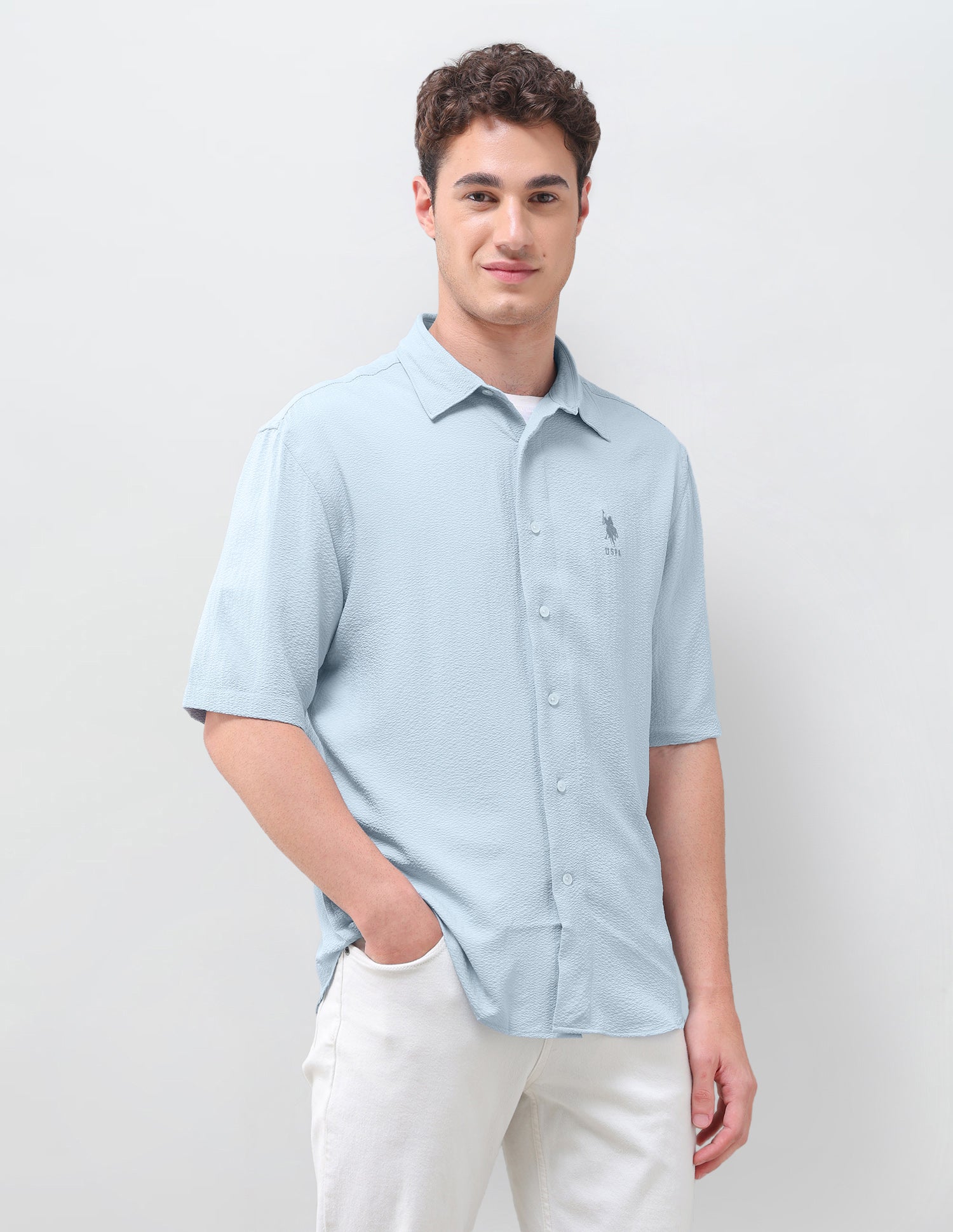 Crinkle Weave Relaxed Fit Shirt Light Blue - U.S. Polo Assn. India | Large