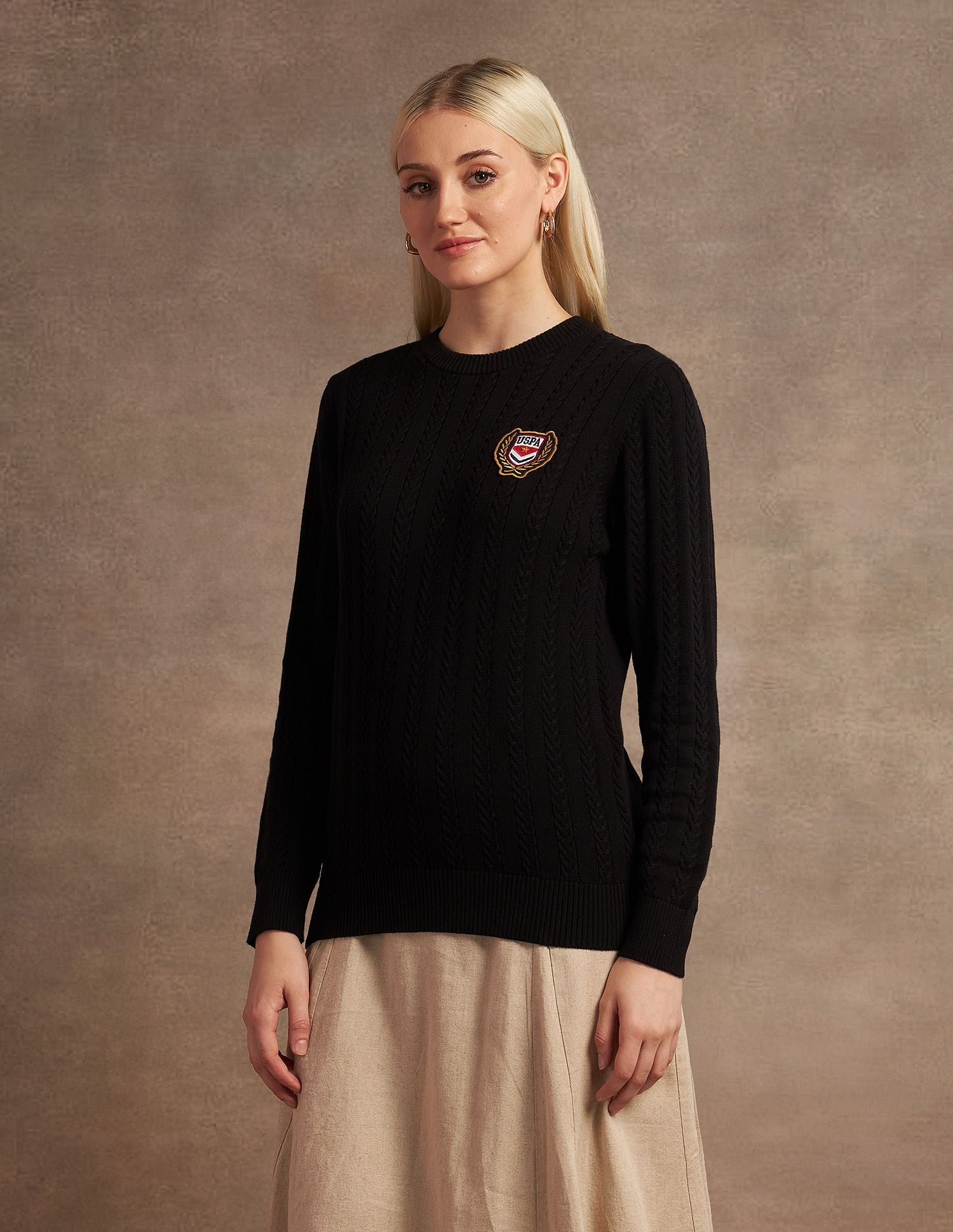 Crew Neck Cable Knit Sweater Black - U.S. Polo Assn. India | Large