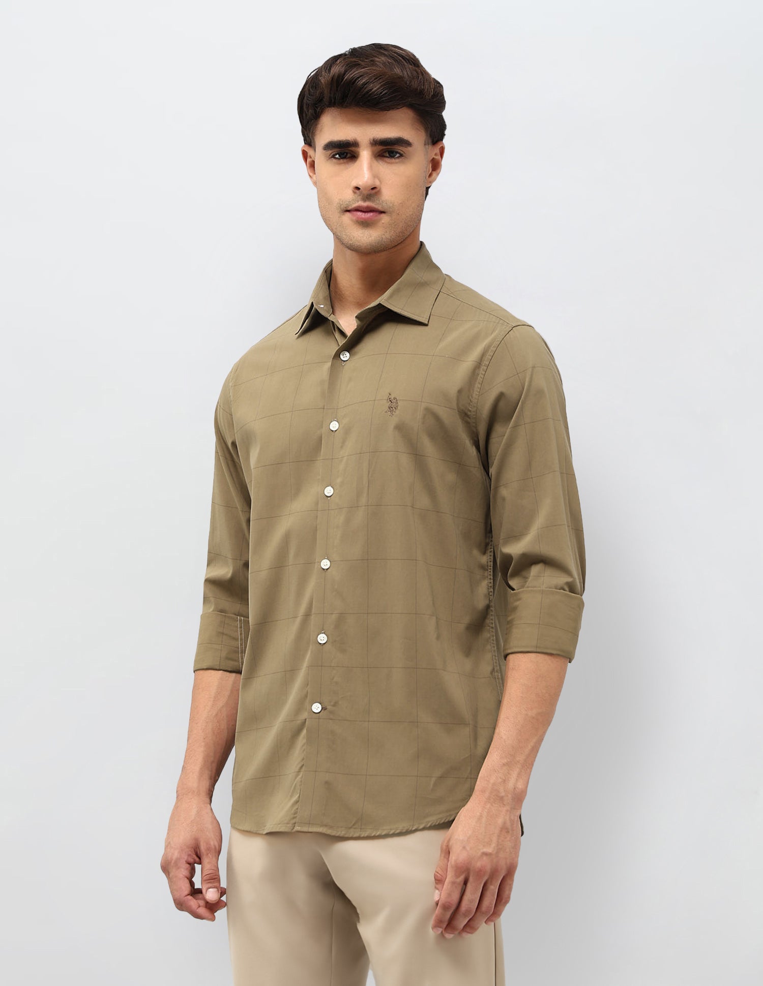 Windowpane Checked Tailored Fit Shirt Brown - U.S. POLO ASSN. | Large