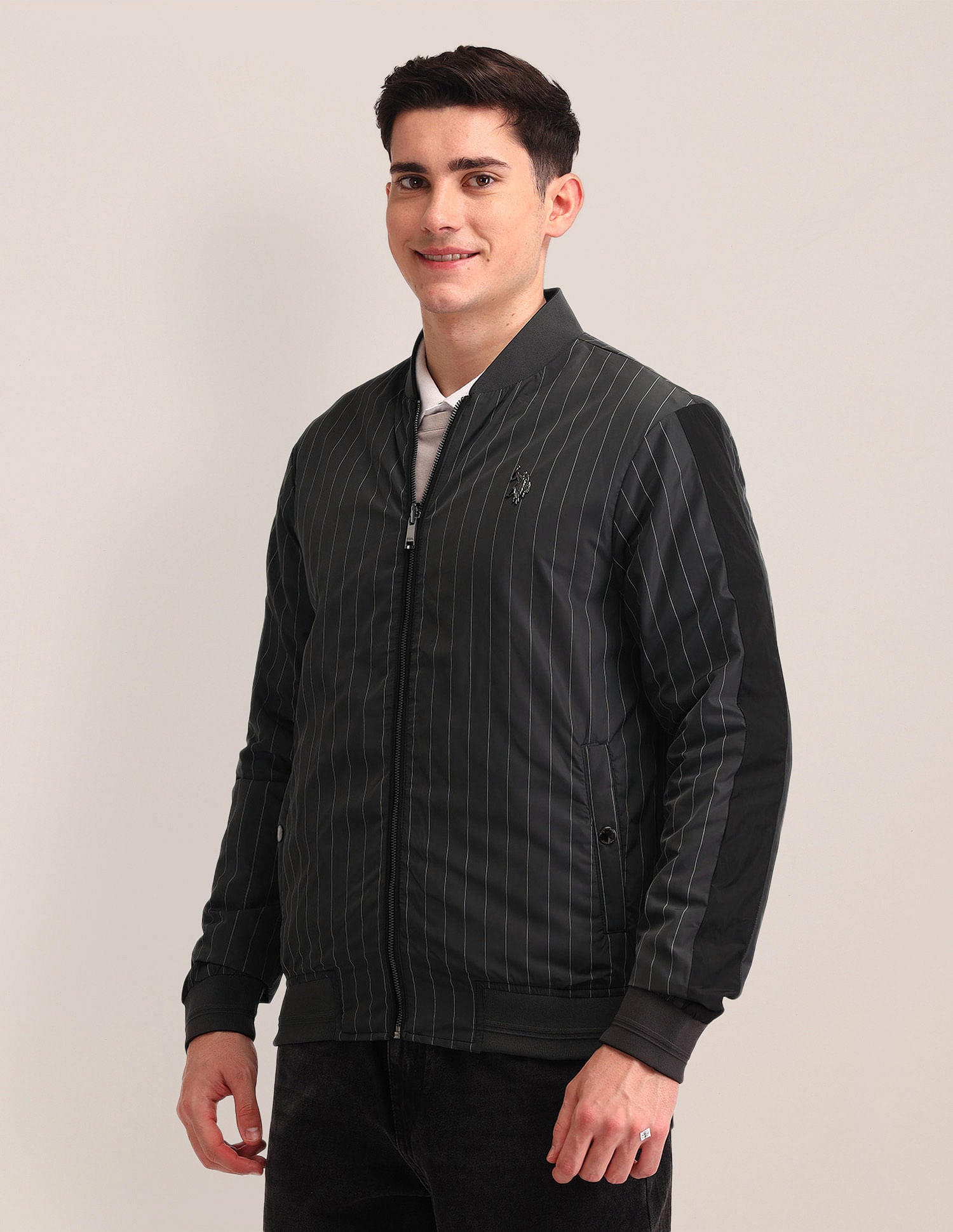 Regular Fit Striped Bomber Jacket Grey - U.S. Polo Assn. India | Large