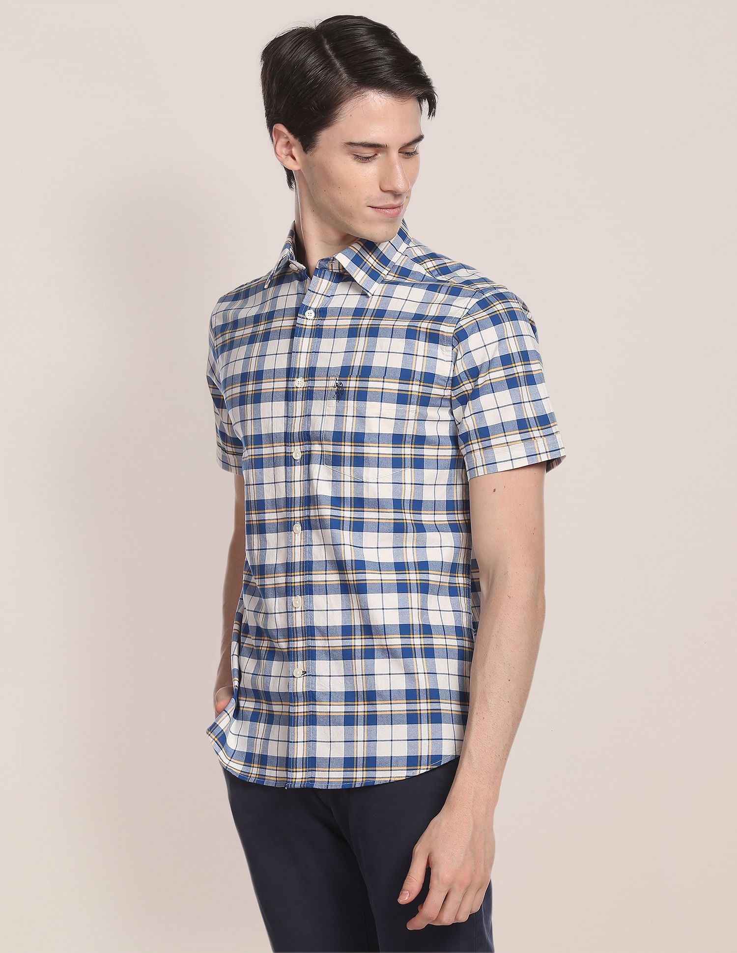 Oxford Check Cotton Casual Shirt Ivory and Navy - U.S. Polo Assn. India | Large