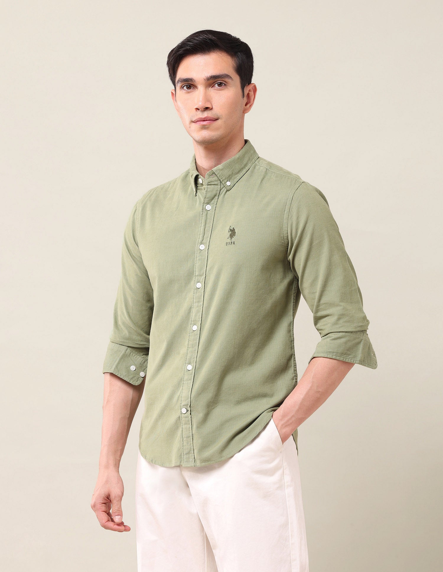 Tailored Fit Corduroy Shirt Light Green - U.S. Polo Assn. India | Large