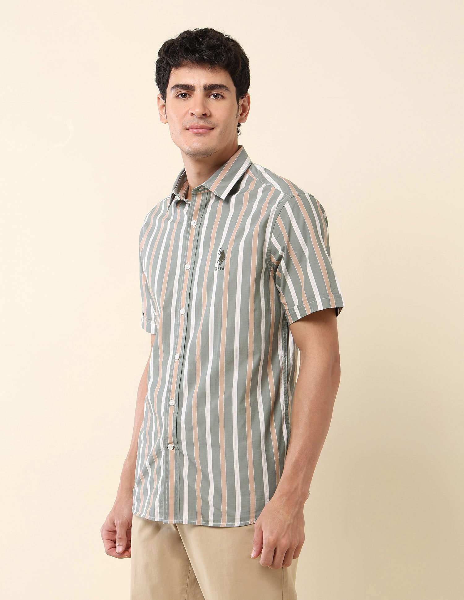 Vertical Striped Pure Cotton Shirt Green - U.S. Polo Assn. India | Large