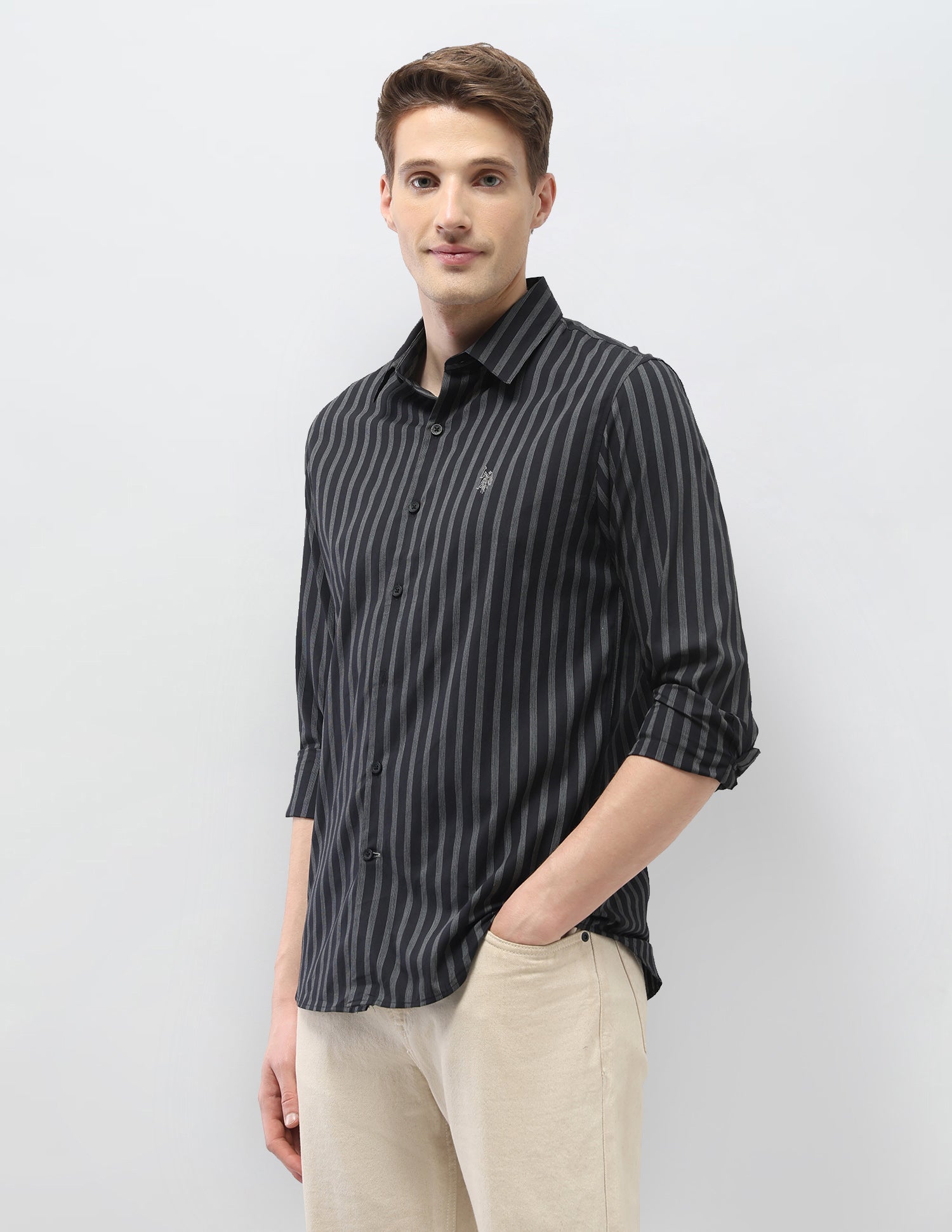 Regular Fit Vertical Striped Black & Gold Shirt Black - U.S. Polo Assn. India | Large
