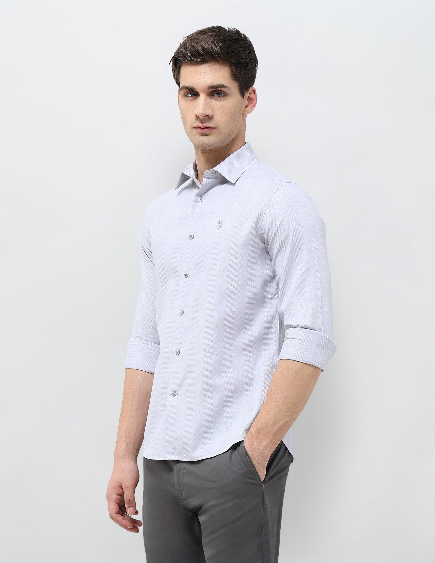 Textured Vertical Striped Regular Fit Shirt Grey - U.S. POLO ASSN. | Large