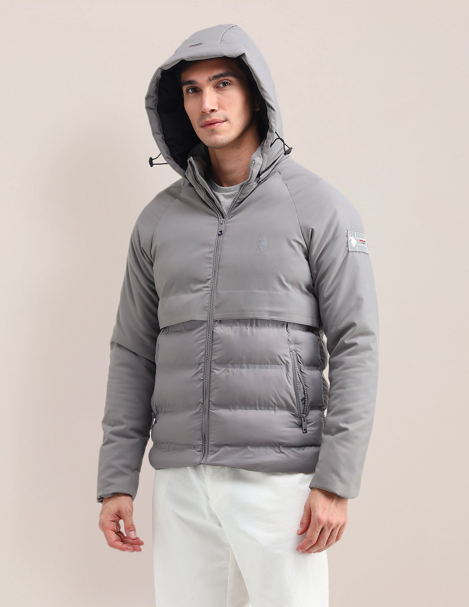 Solid Hooded Puffer Jacket Grey - U.S. Polo Assn. India | Large