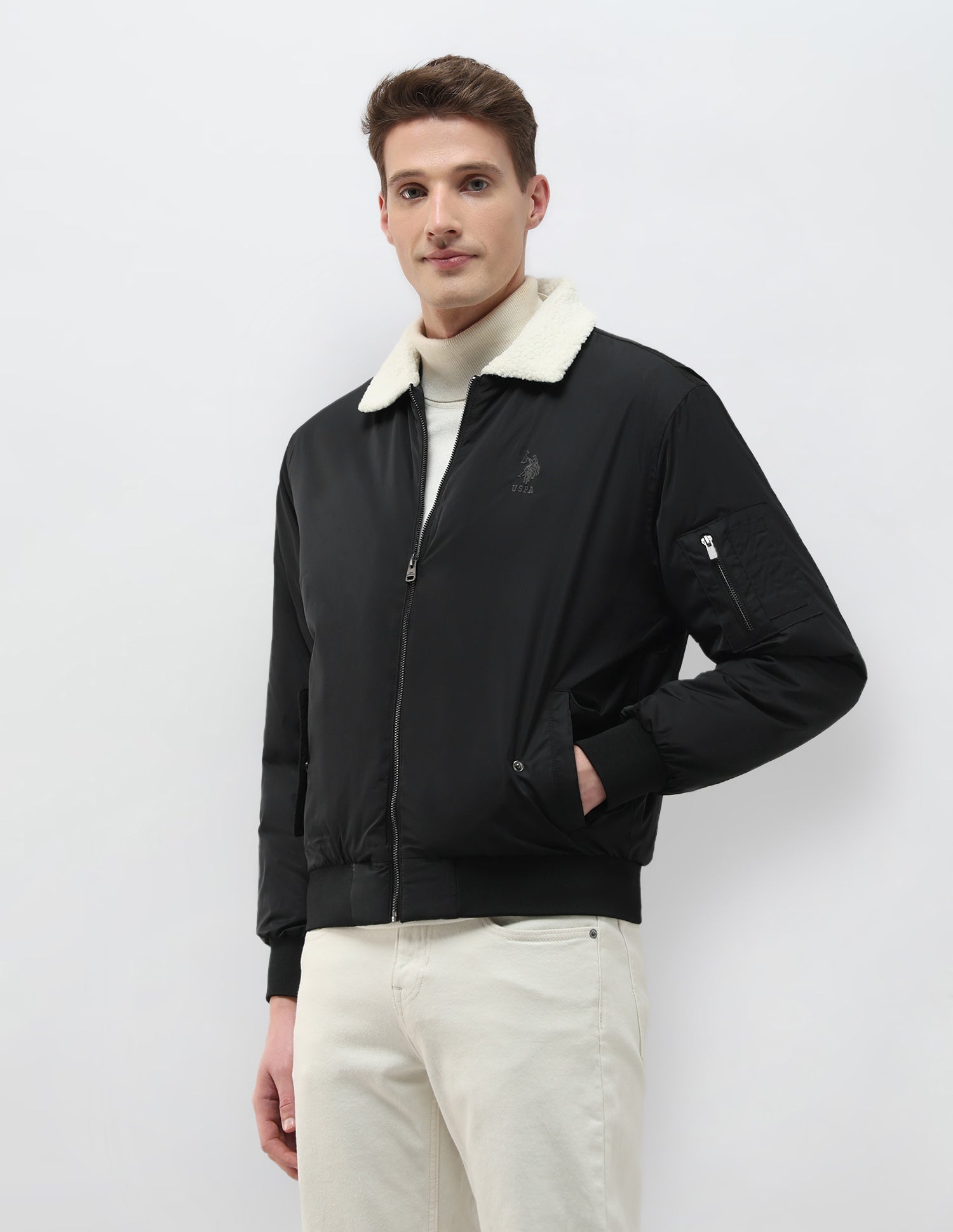 Solid Regular Fit Bomber Jacket Black - U.S. Polo Assn. India | Large
