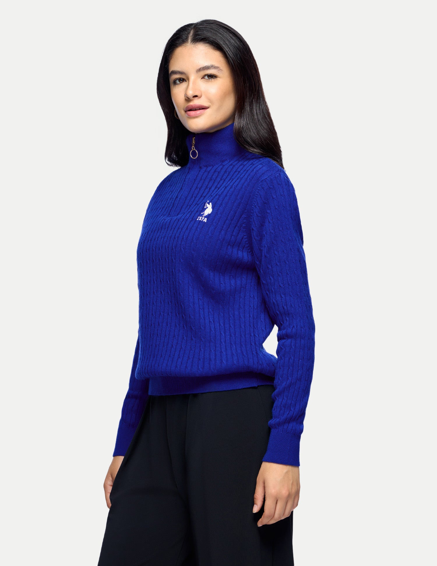 Cable Patterned Knit Regular Fit Sweater Bright Blue - U.S. Polo Assn. India | Large