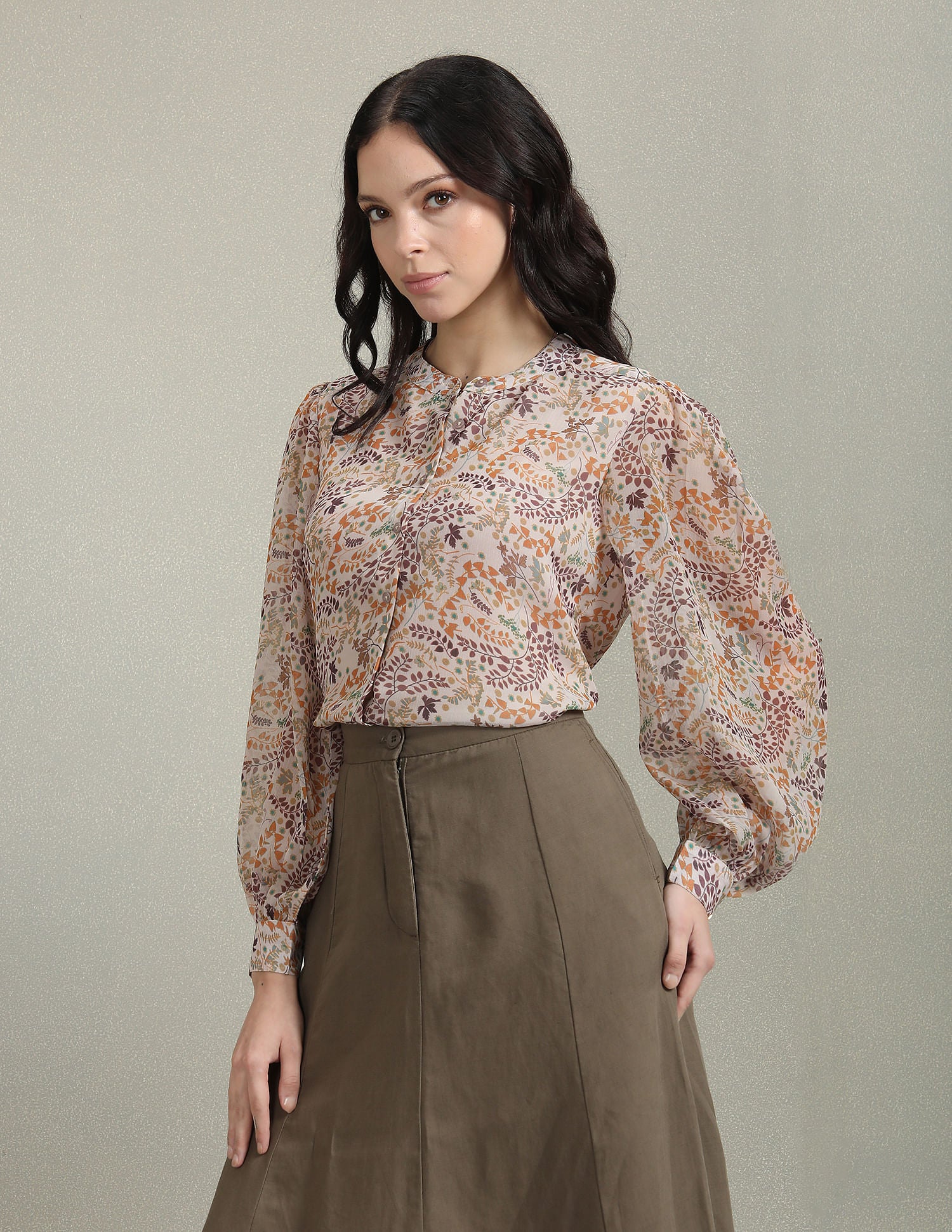 Mandarin Collar Floral Shirt Beige - U.S. Polo Assn. India | Large