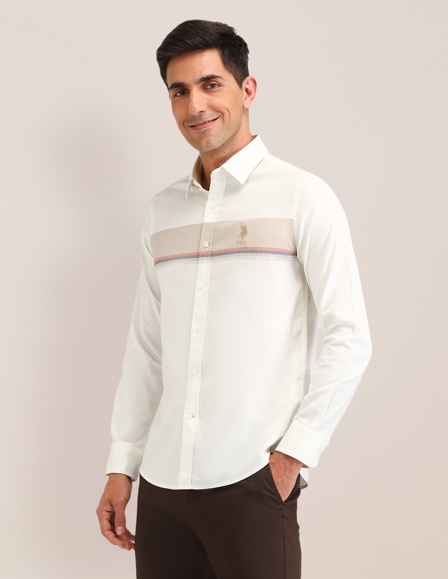 Horizontal Striped Regular Fit Shirt Beige - U.S. POLO ASSN. | Large