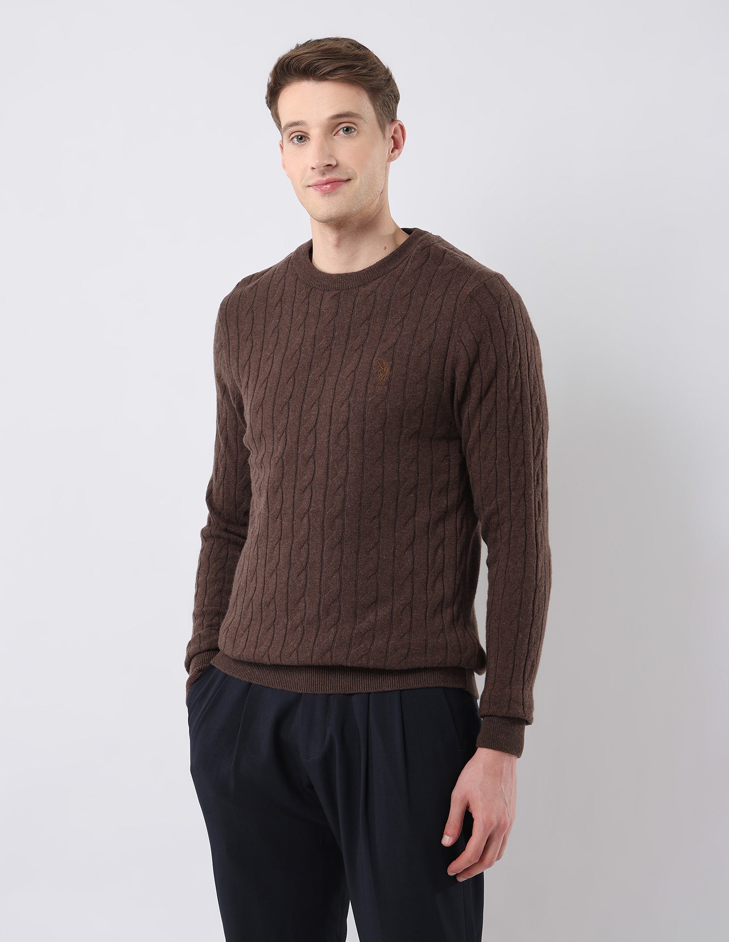 Cable Patterned Knit Regular Fit Sweater Brown - U.S. POLO ASSN. | Large