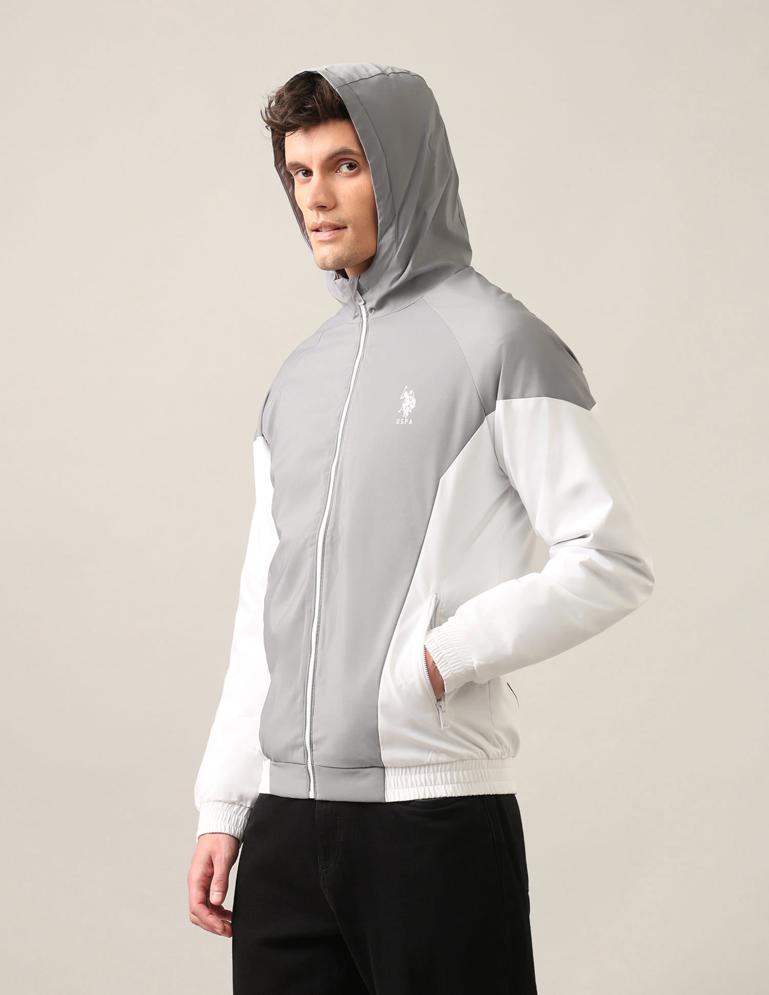 Colour Block Logo Hooded Jacket Grey and White - U.S. Polo Assn. India | Large