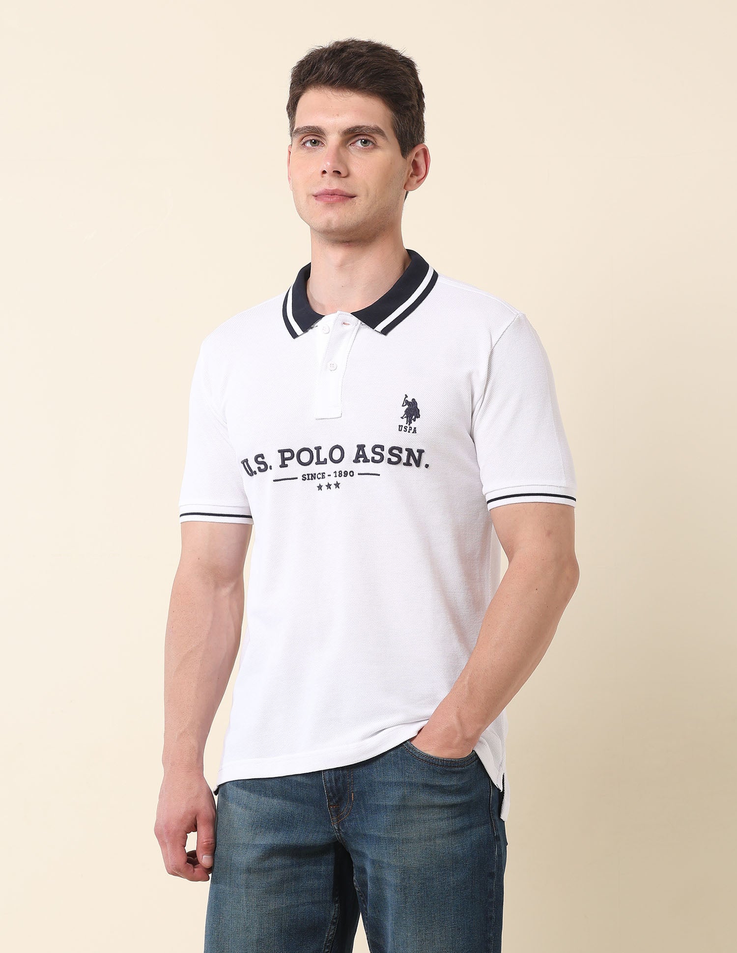 Brand Embroidered Gold Cup Polo Shirt White - U.S. Polo Assn. India | Large
