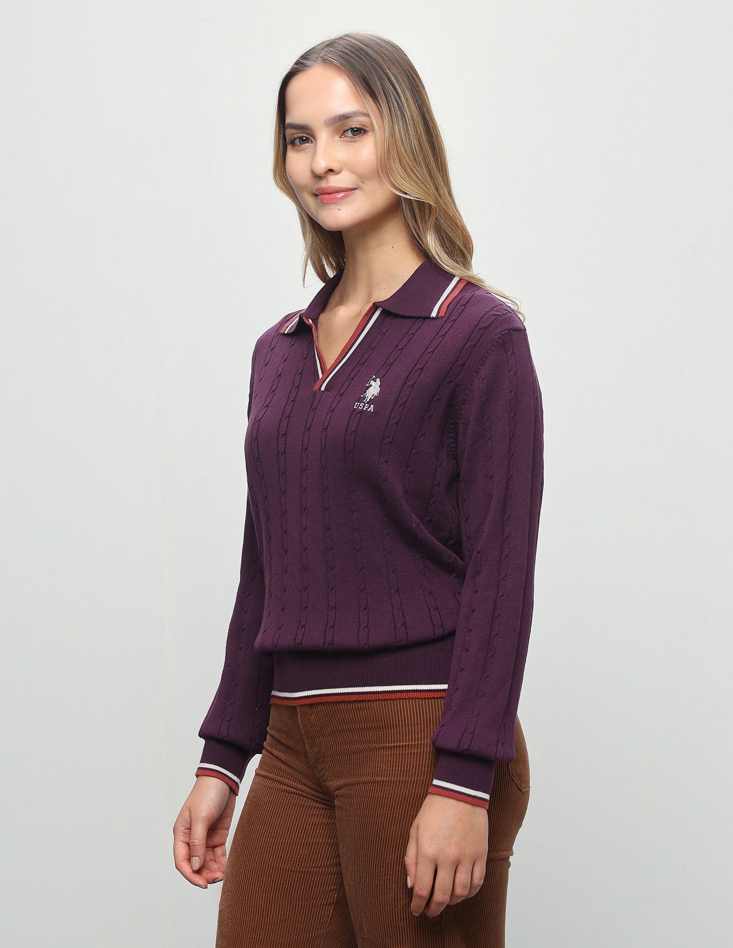 Cable Patterned Knit Regular Fit Sweater Purple - U.S. Polo Assn. India | Large