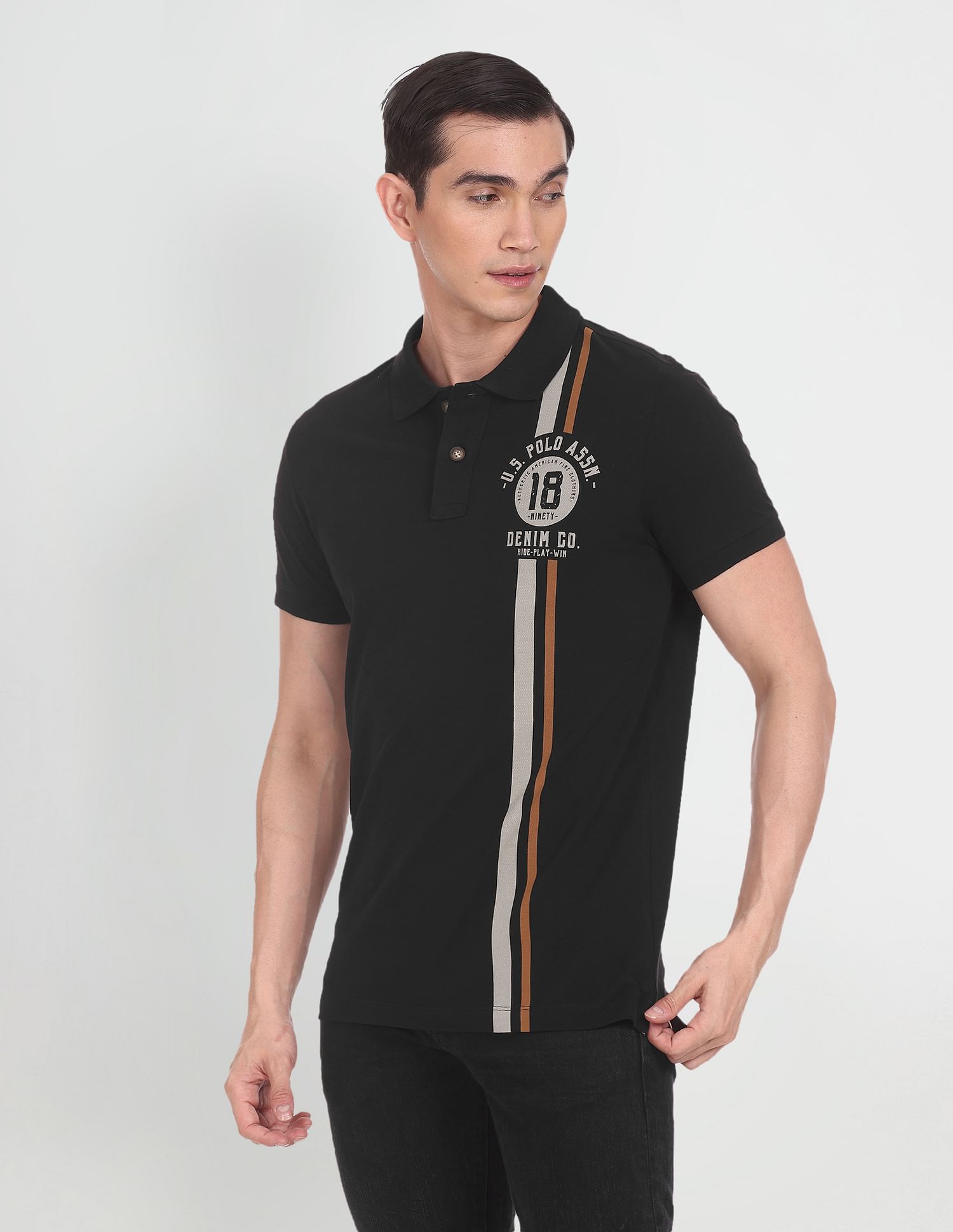 Typographic Print Cotton Polo Shirt Black - U.S. Polo Assn. India | Large