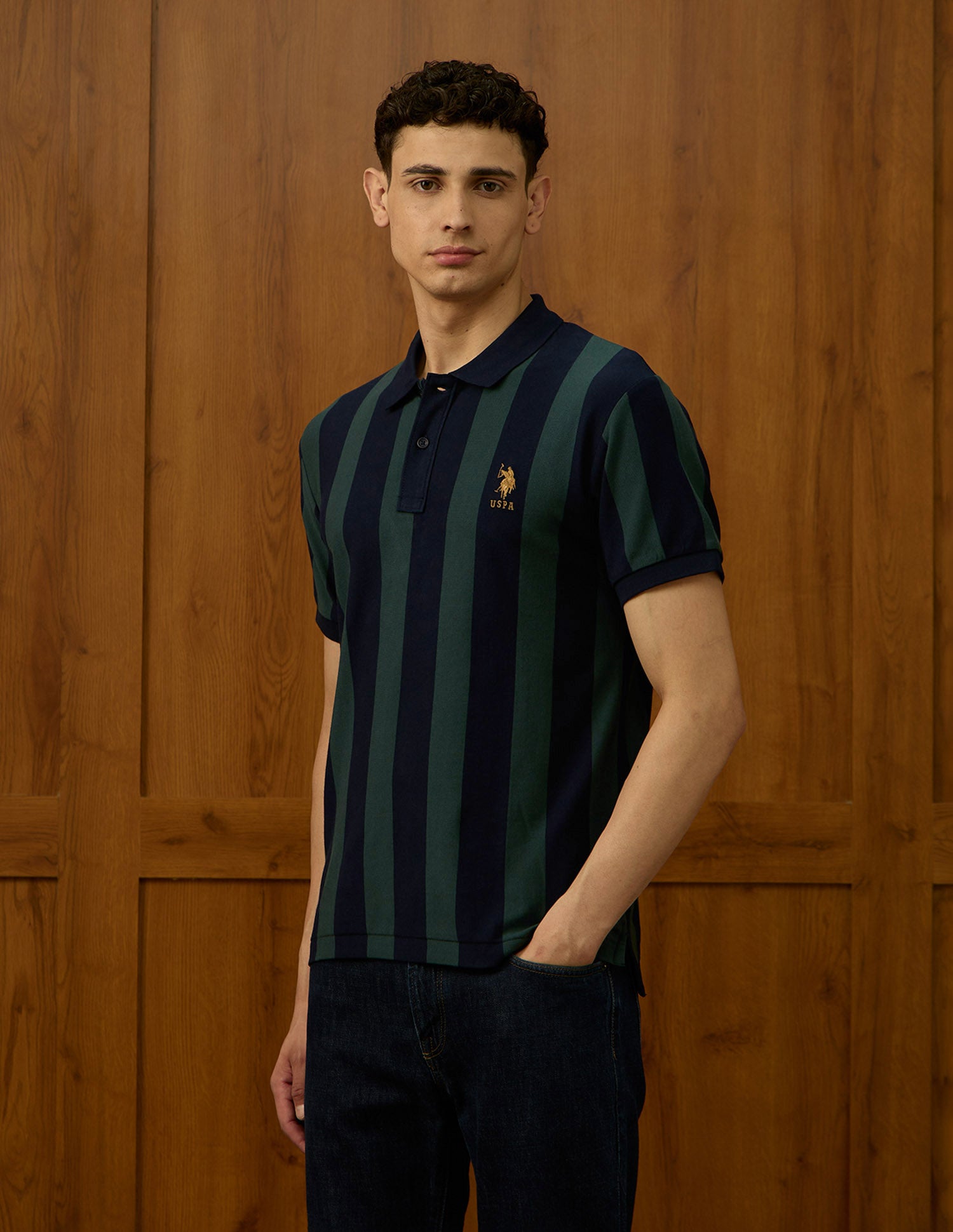 Vertical Striped Varsity Polo Shirt Olive - U.S. Polo Assn. India | Large