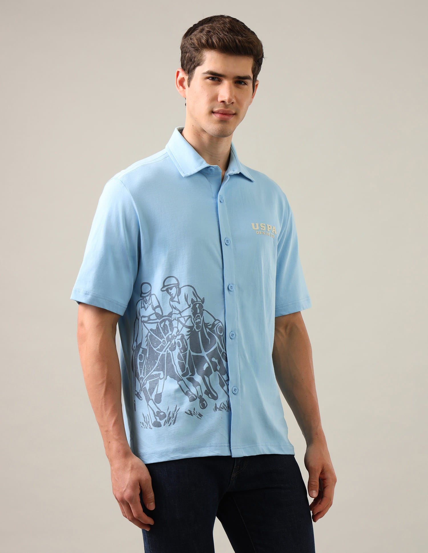 Graphic Brand Printed Knitted Shirt Blue - U.S. Polo Assn. India | Large