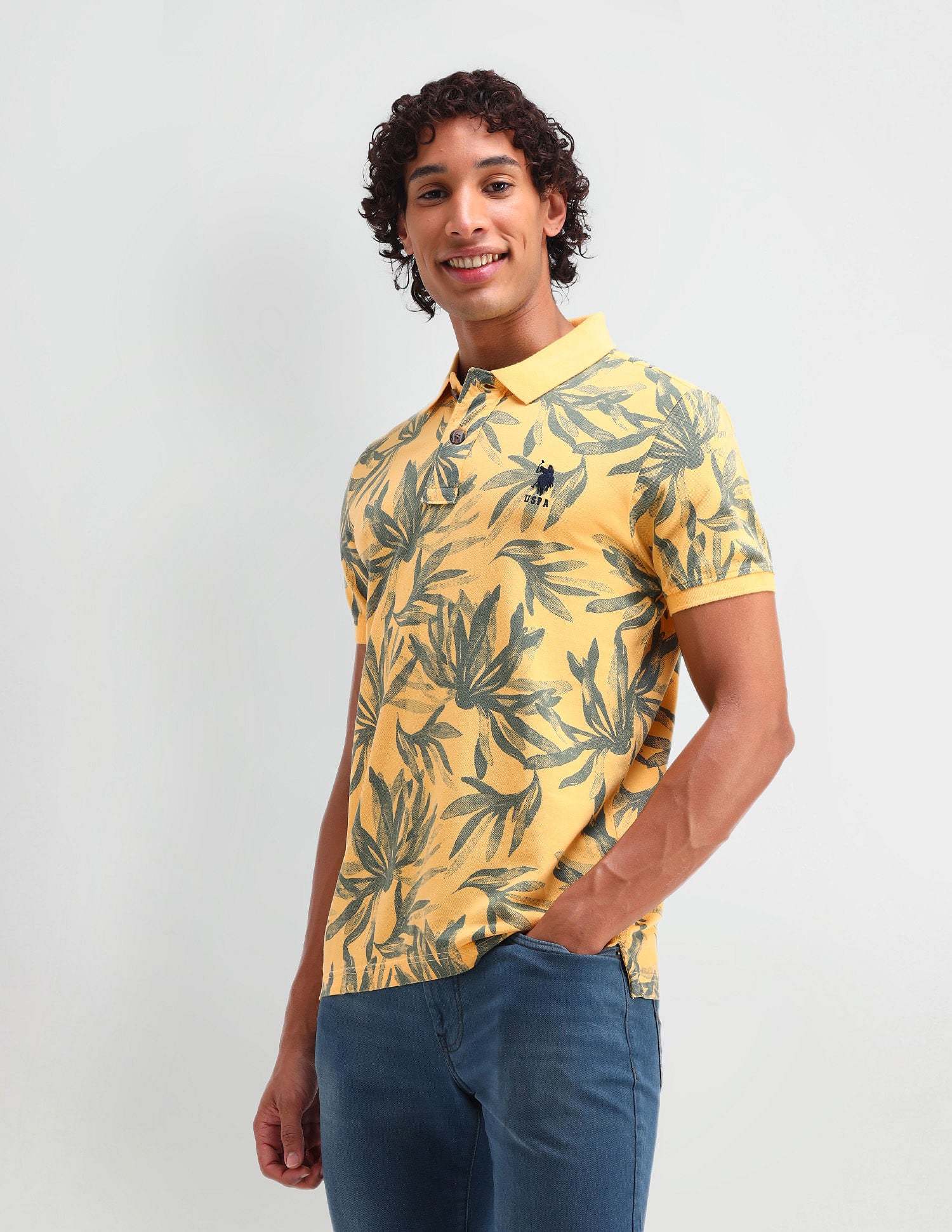 Floral Print Cotton Polo Shirt Yellow - U.S. Polo Assn. India | Large