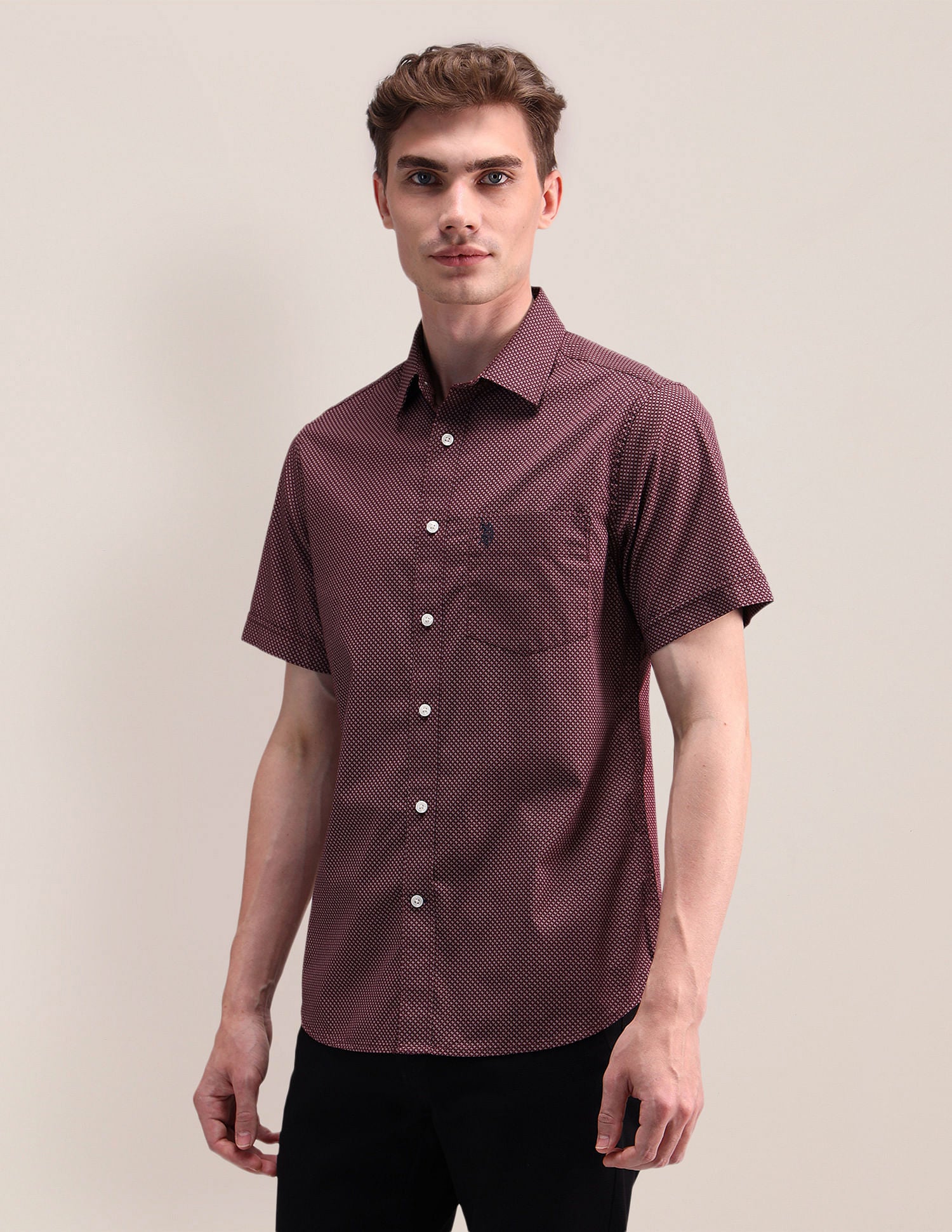Geometric Print Pure Cotton Shirt Maroon - U.S. Polo Assn. India | Large