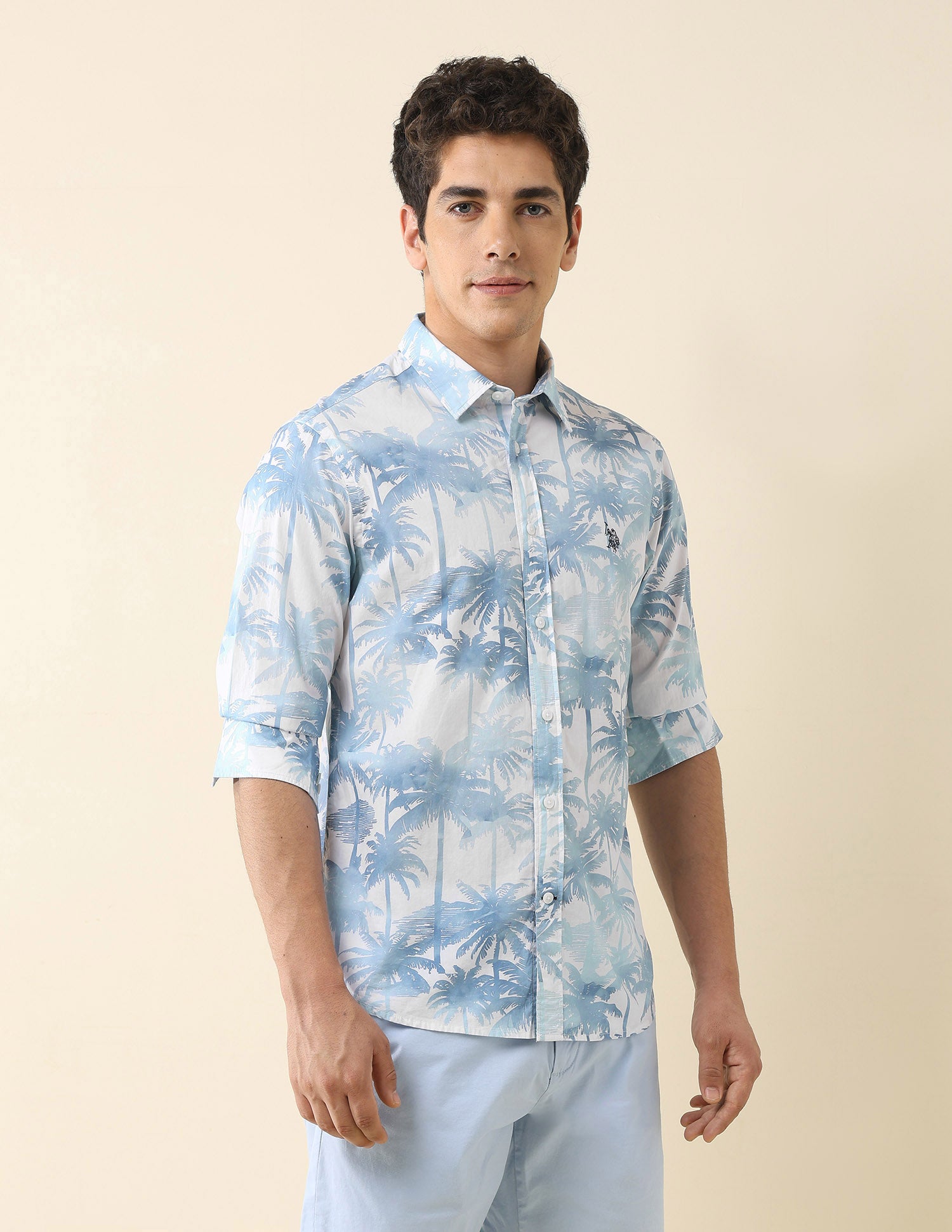 Tropical Printed Poplin Shirt Light Blue - U.S. Polo Assn. India | Large
