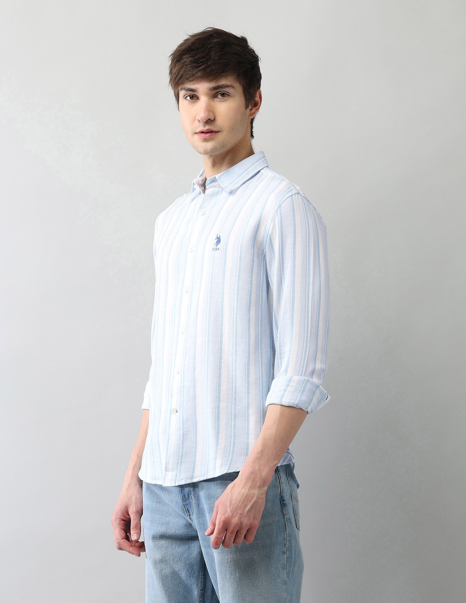 Vertical Striped Cotton Dobby Shirt Light Blue - U.S. Polo Assn. India | Large