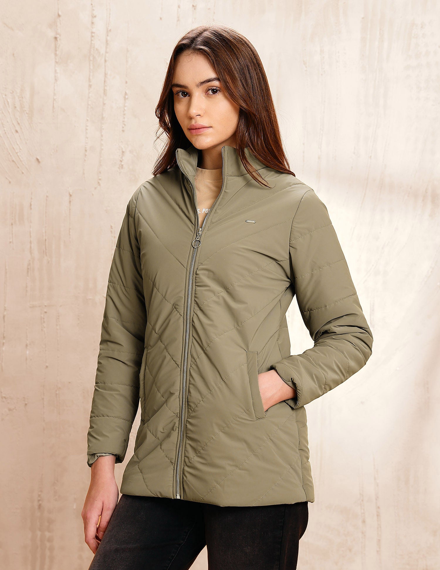 Solid Regular Fit Puffer Jacket Beige - U.S. POLO ASSN. | Large