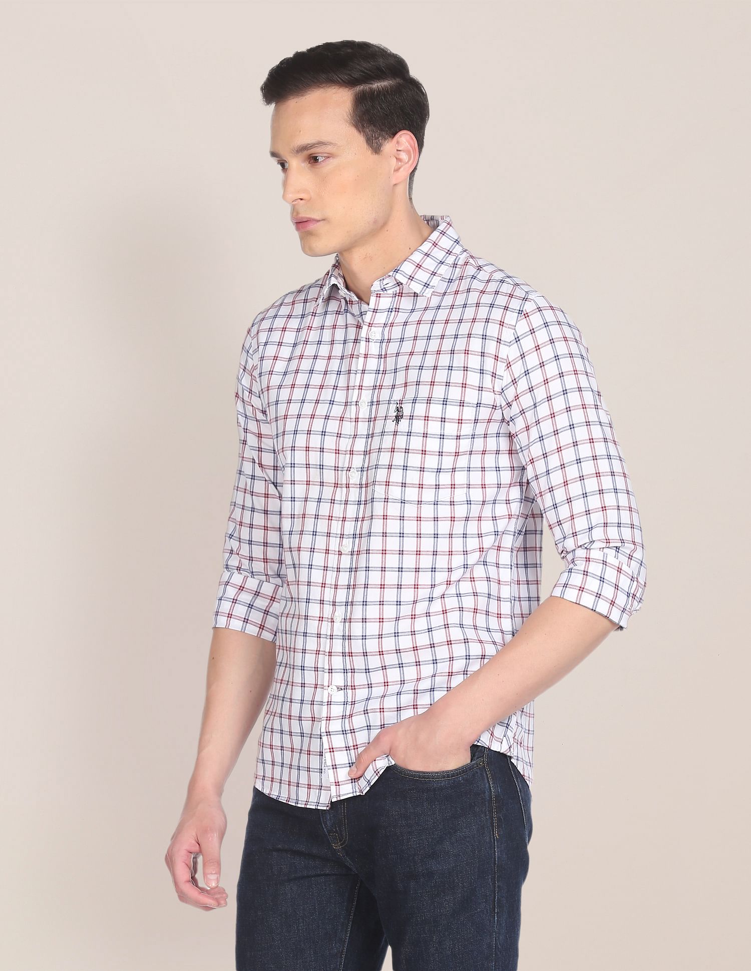 Men White Regular Fit Check Casual Shirt White - U.S. POLO ASSN. | Large