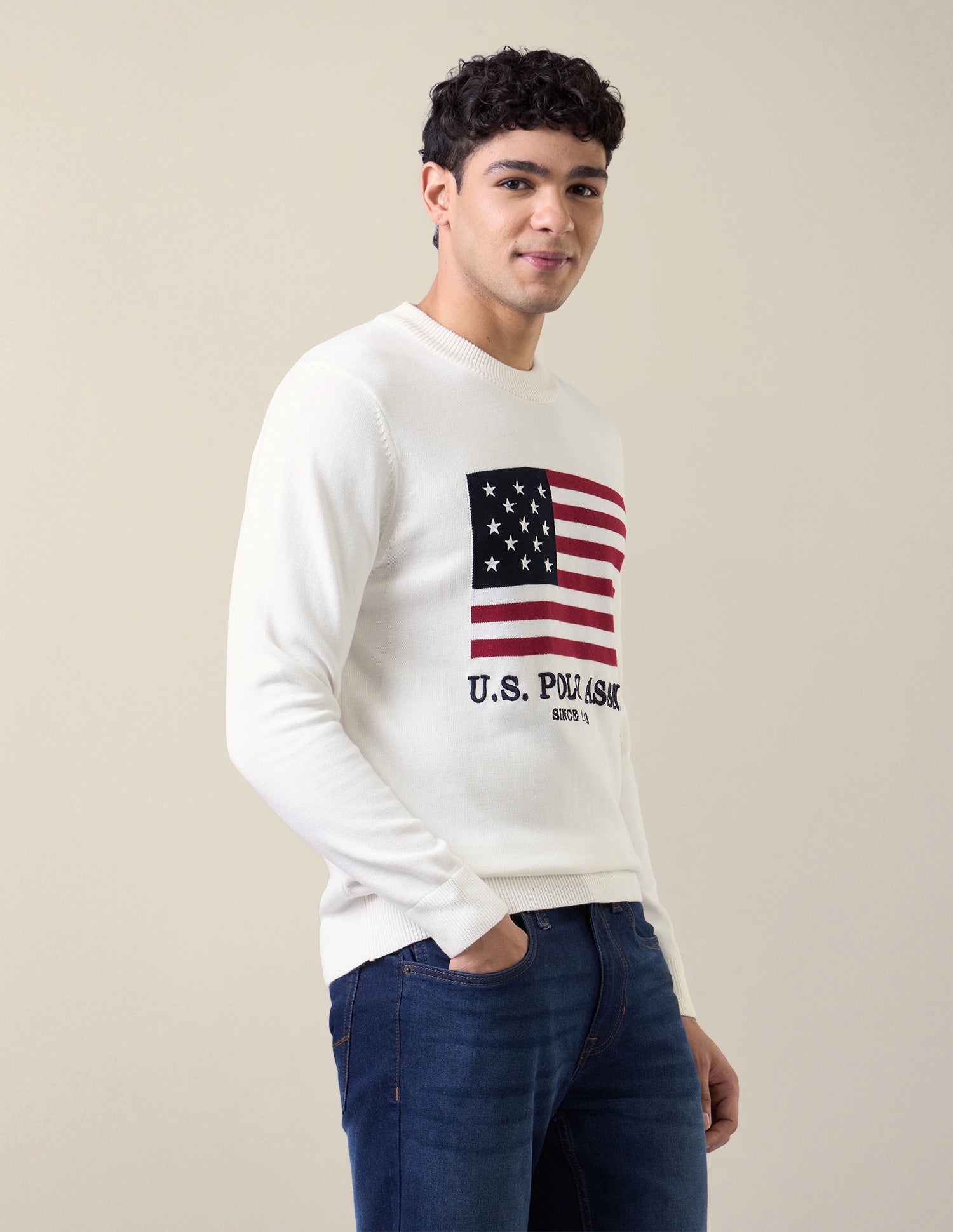 Brand Patterned Knit Slim Fit Sweater White - U.S. Polo Assn. India | Large