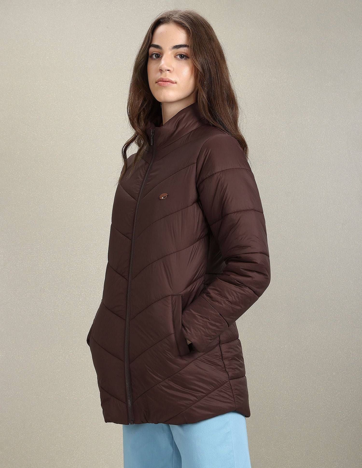 High Neck Longline Puffer Jacket Brown - U.S. POLO ASSN. | Large