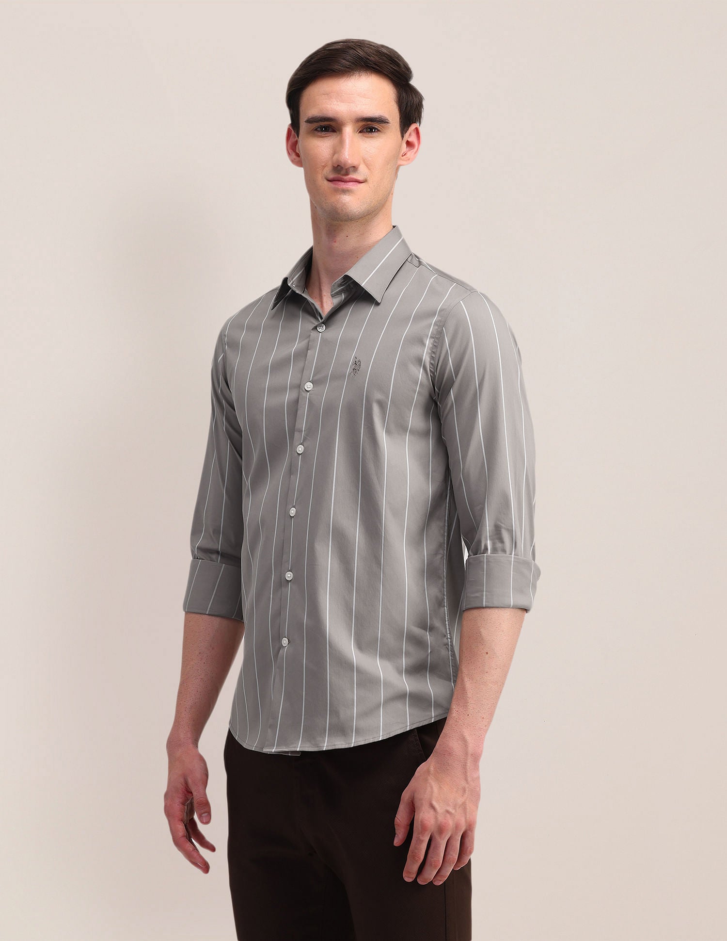 Vertical Striped Slim Fit Shirt Khaki - U.S. Polo Assn. India | Large