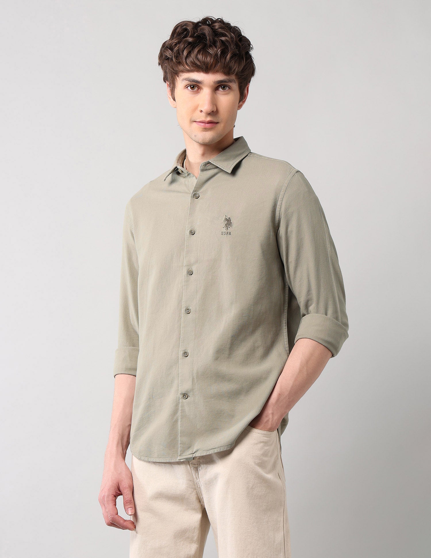 Pure Cotton Regular Fit Dobby Shirt Light Olive - U.S. Polo Assn. India | Large