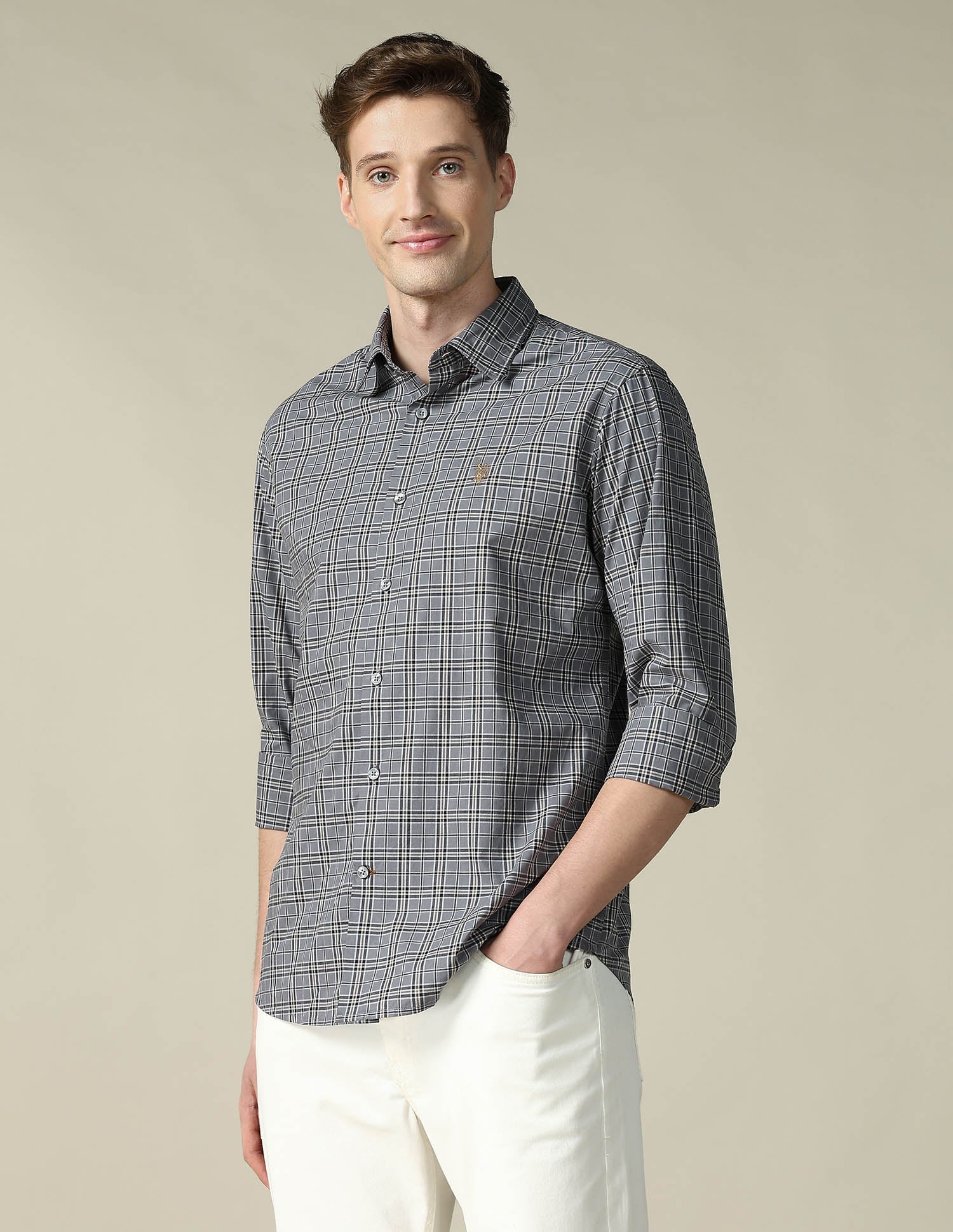 Grid Tattersall Checked Tailored Fit Shirt Dark Grey - U.S. POLO ASSN. | Large