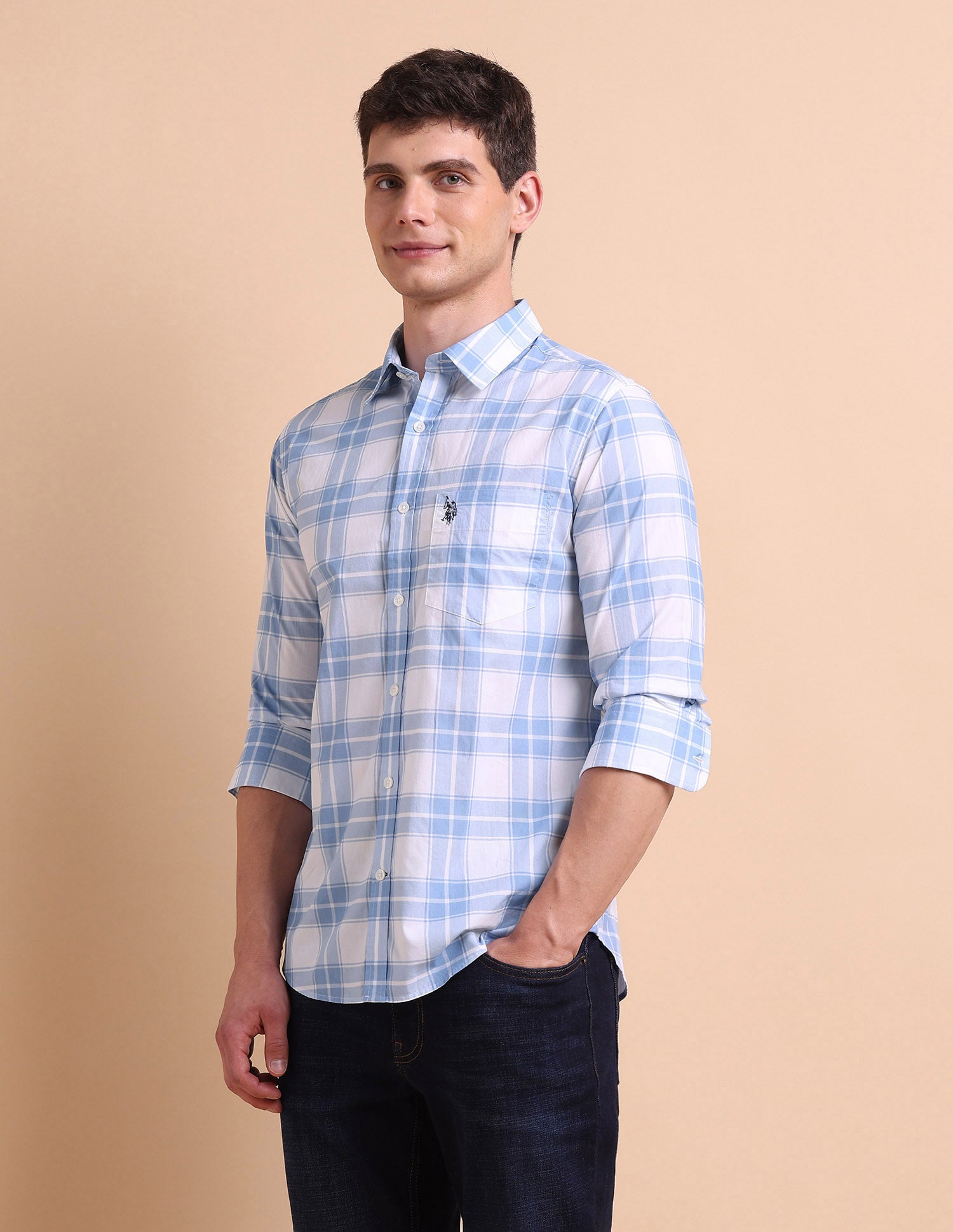 Tailored Fit Grid Tattersall Checked Shirt Blue - U.S. POLO ASSN. | Large