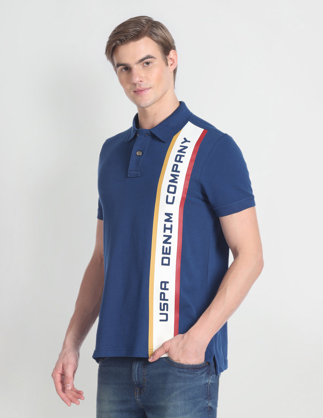 Ribbed Collar Brand Print Polo Shirt Navy - U.S. Polo Assn. India | Large