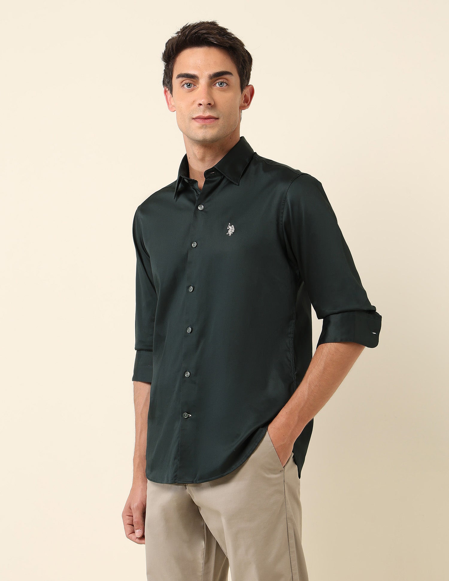 Tailored Fit Satin Pure Cotton Shirt Dark Olive - U.S. Polo Assn. India | Large