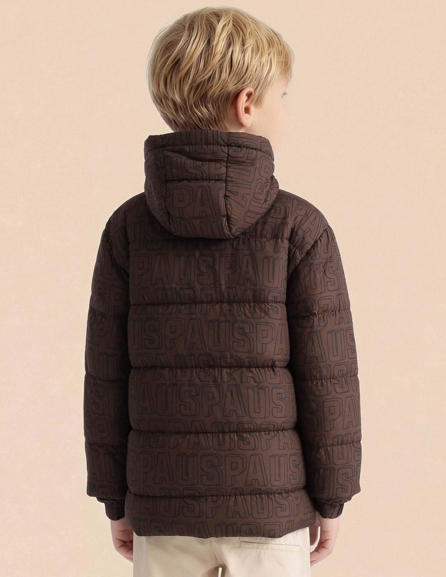 Boys Brand Printed Puffer Jacket Brown - U.S. Polo Assn. India | Large