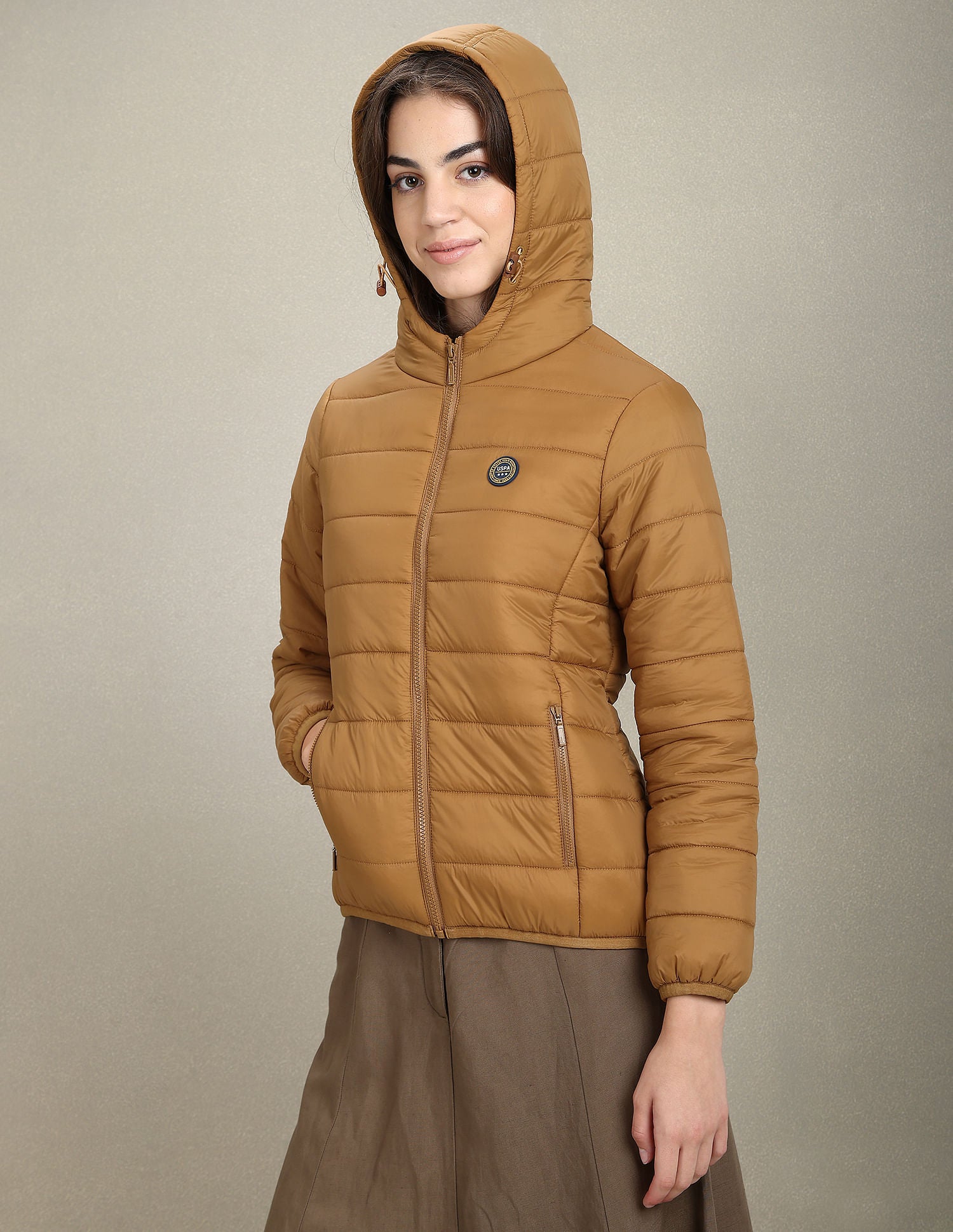 Nylon Hooded Puffer Jacket Tan - U.S. Polo Assn. India | Large
