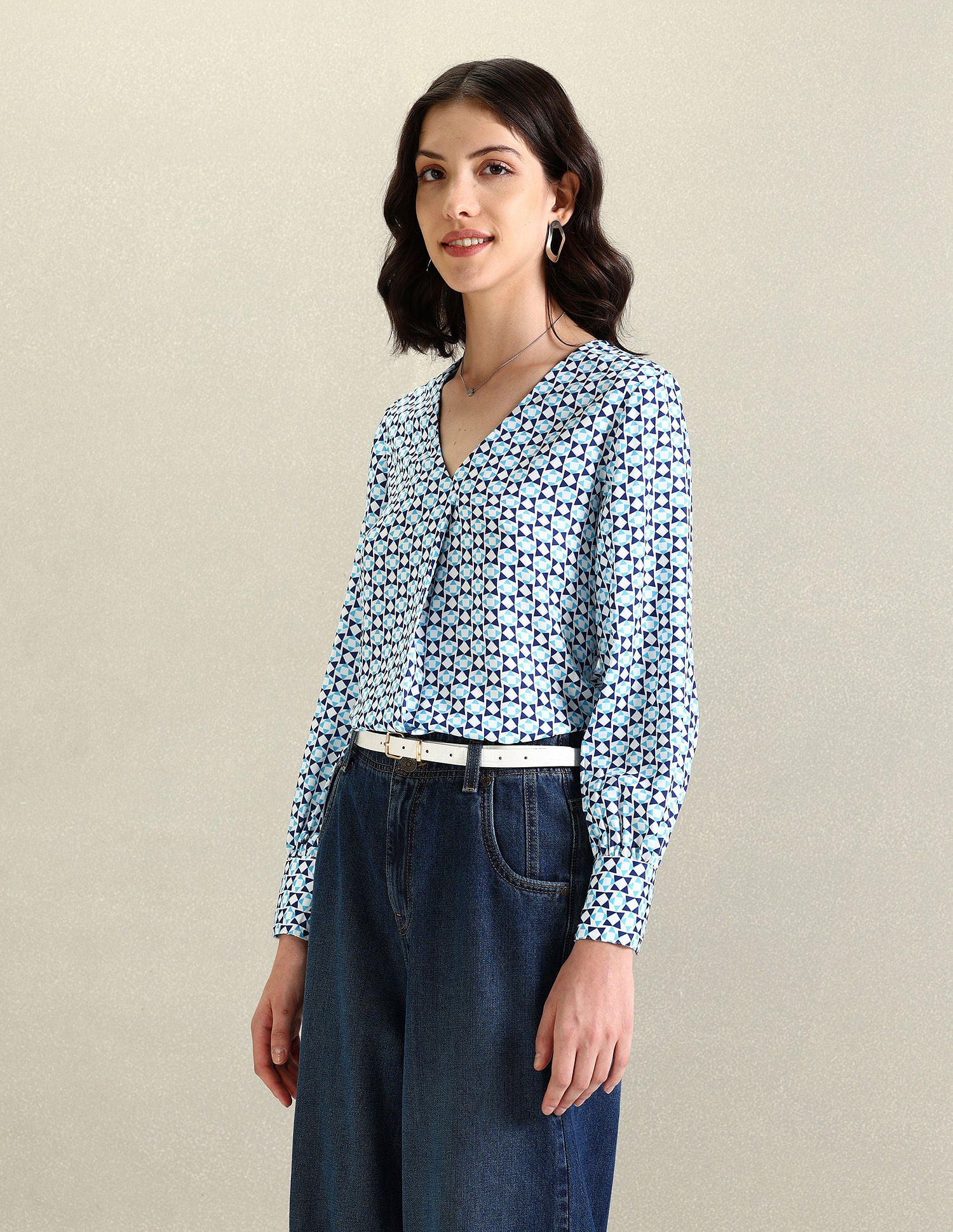 V-Neck Geometric Print Top Blue - U.S. Polo Assn. India | Large