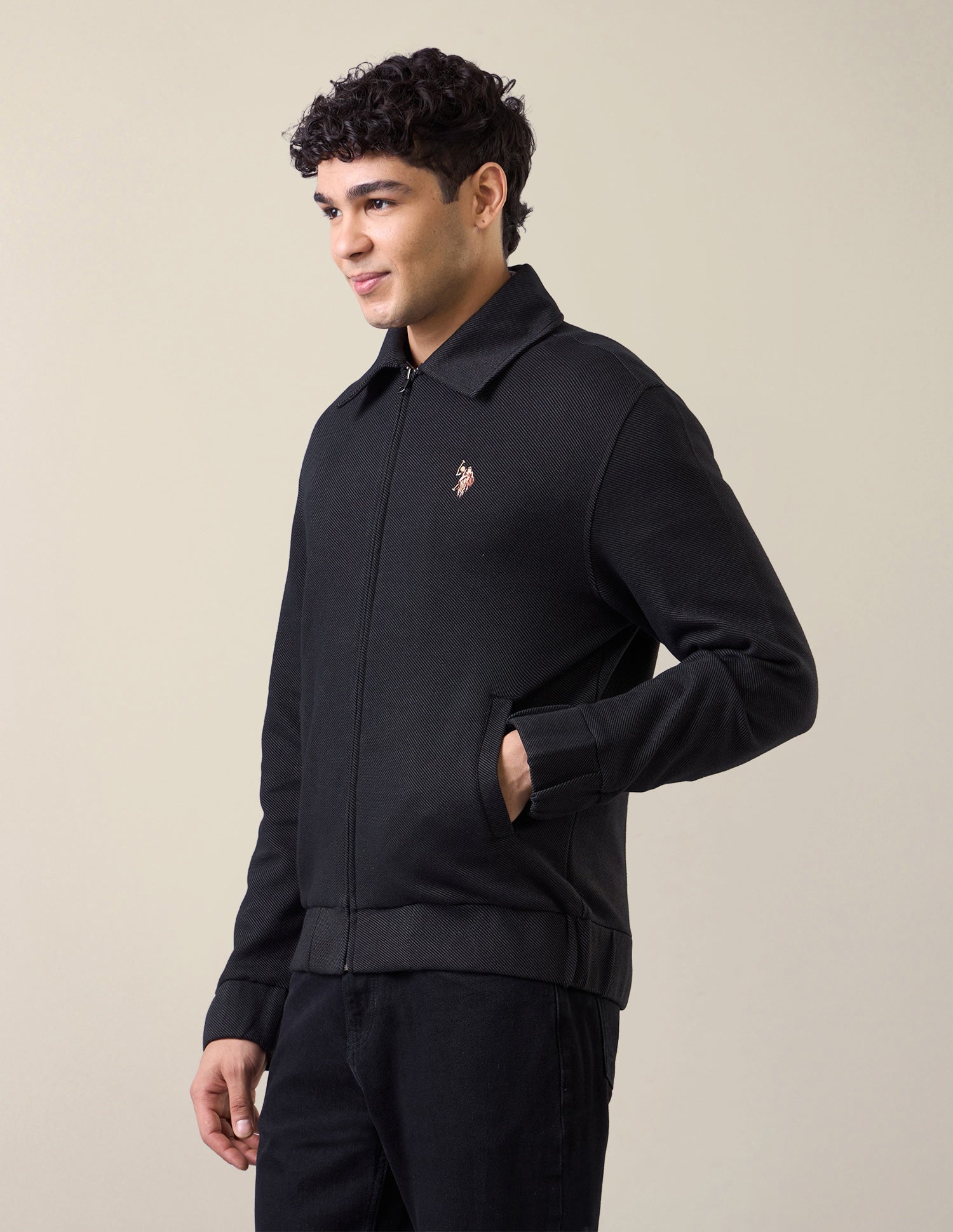 Solid Regular Fit Zipper Sweatshirt Black - U.S. Polo Assn. India | Large